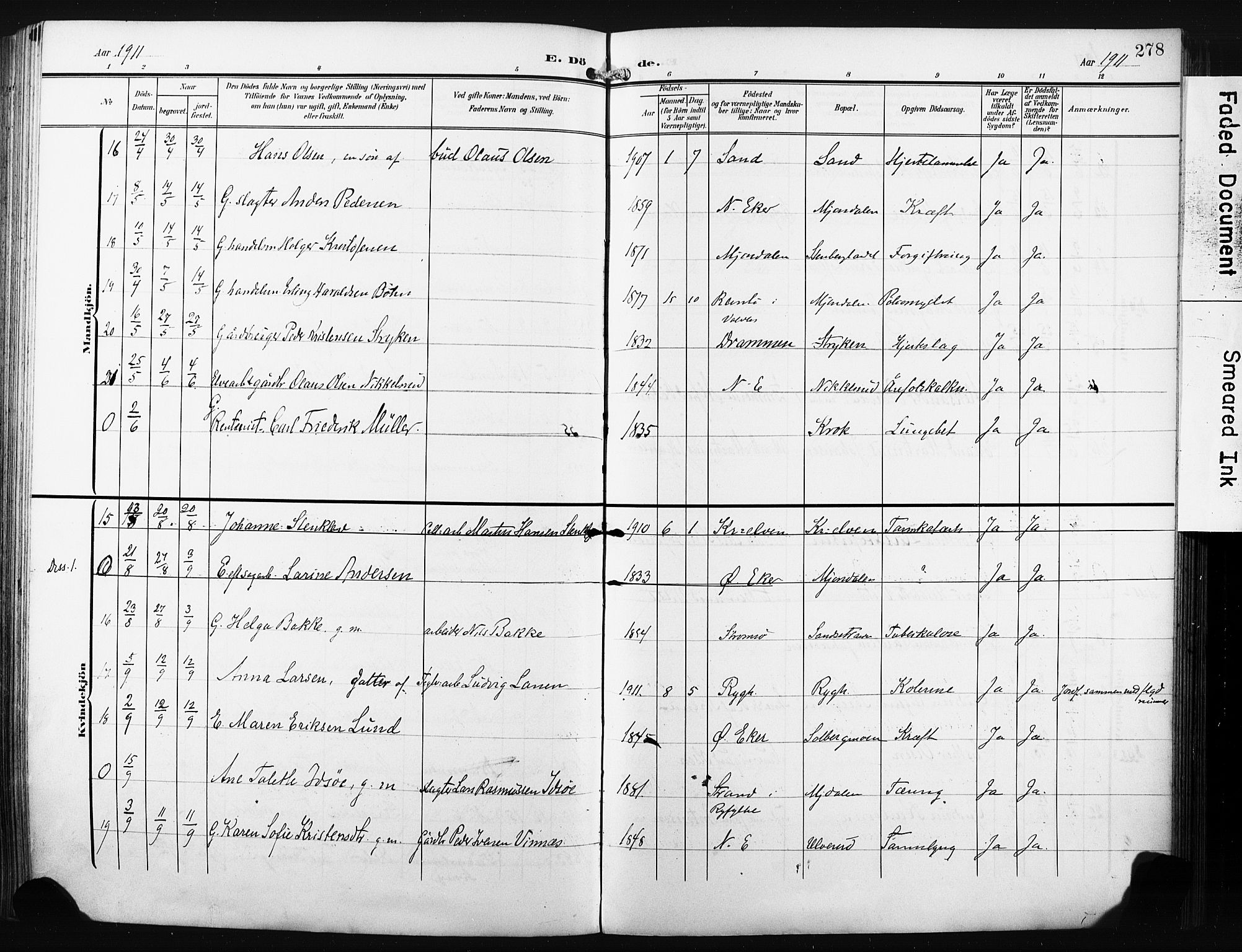 Nedre Eiker kirkebøker, AV/SAKO-A-612/F/Fa/L0006: Parish register (official) no. 6, 1906-1912, p. 278