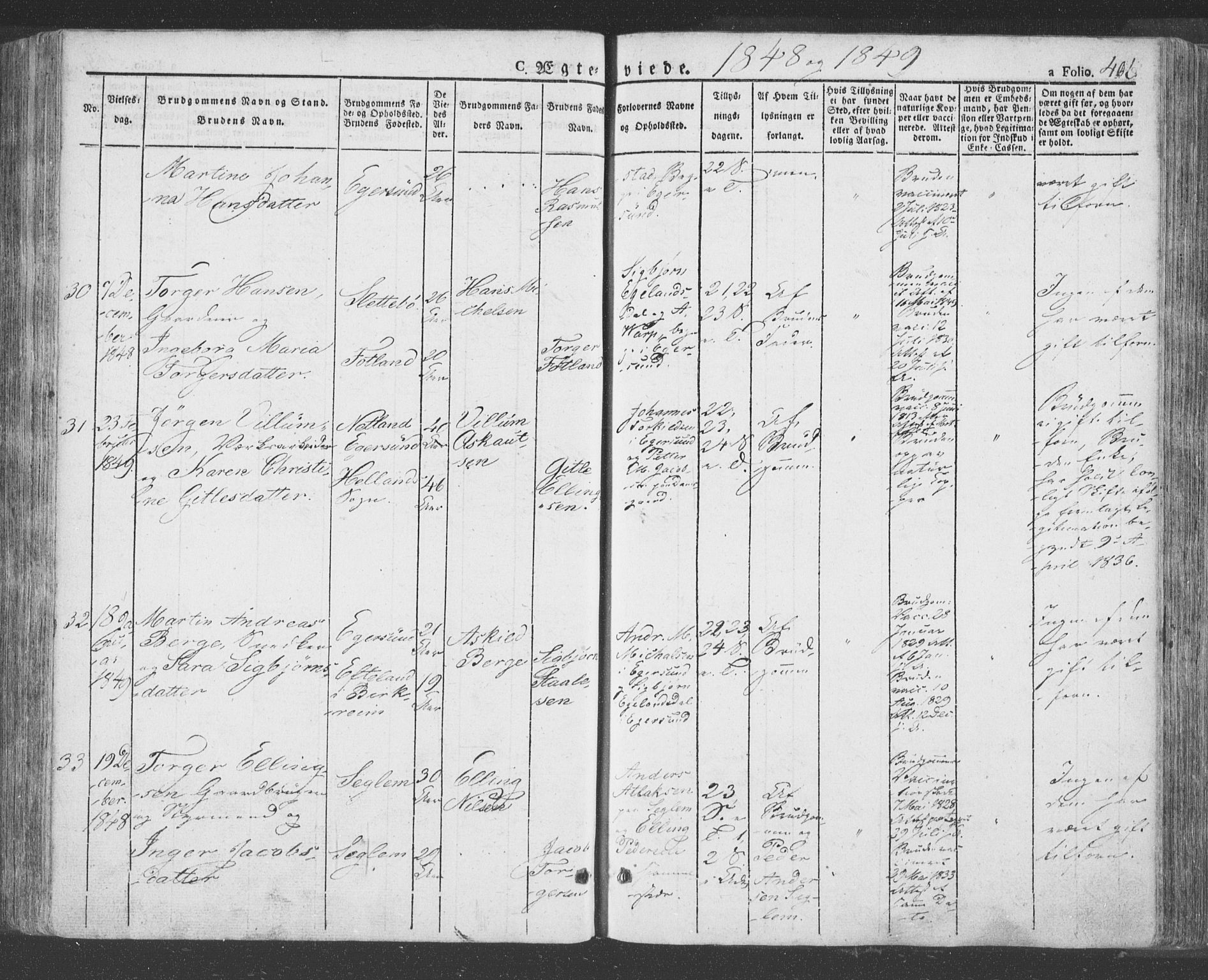 Eigersund sokneprestkontor, SAST/A-101807/S08/L0009: Parish register (official) no. A 9, 1827-1850, p. 406