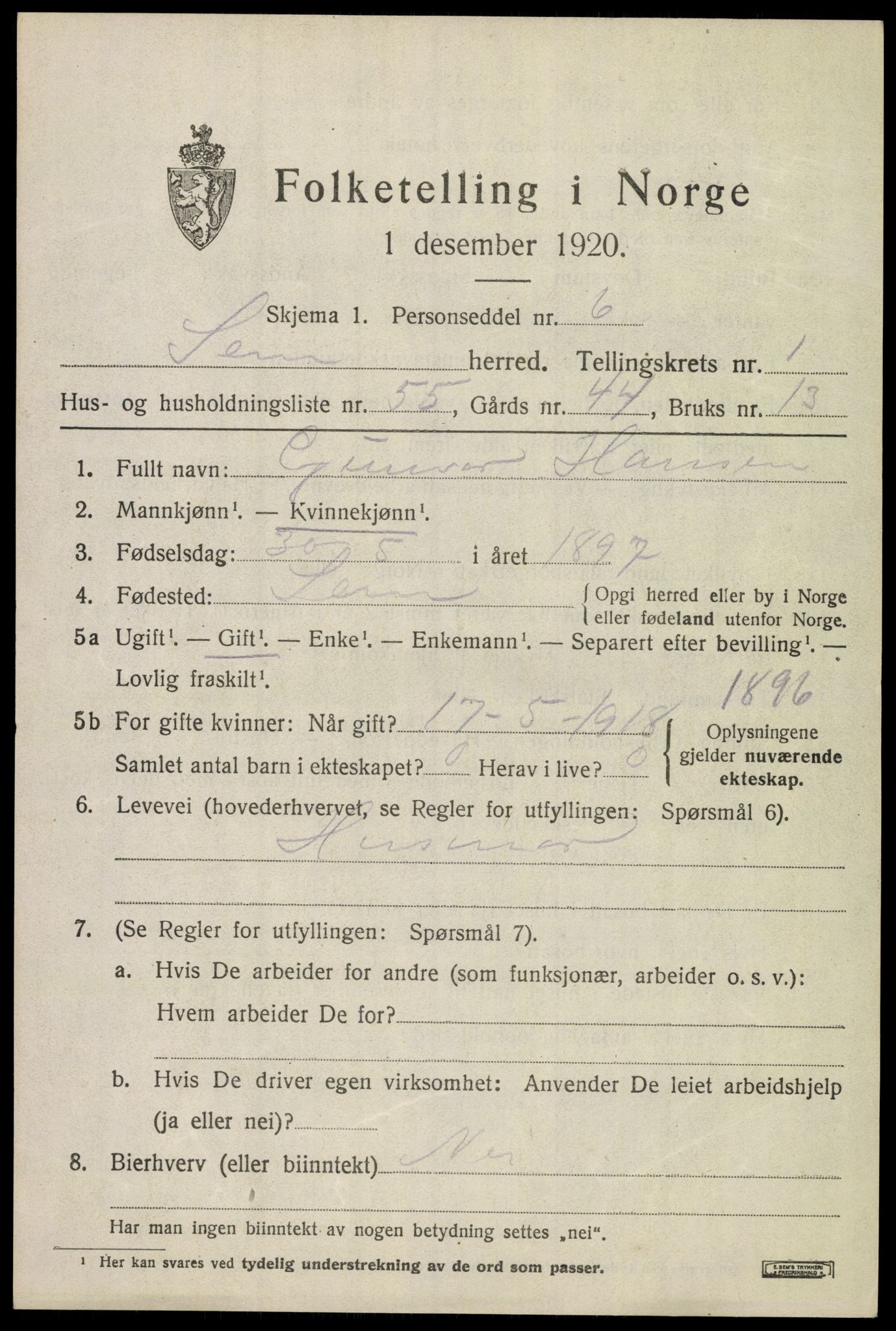 SAKO, 1920 census for Sem, 1920, p. 3361