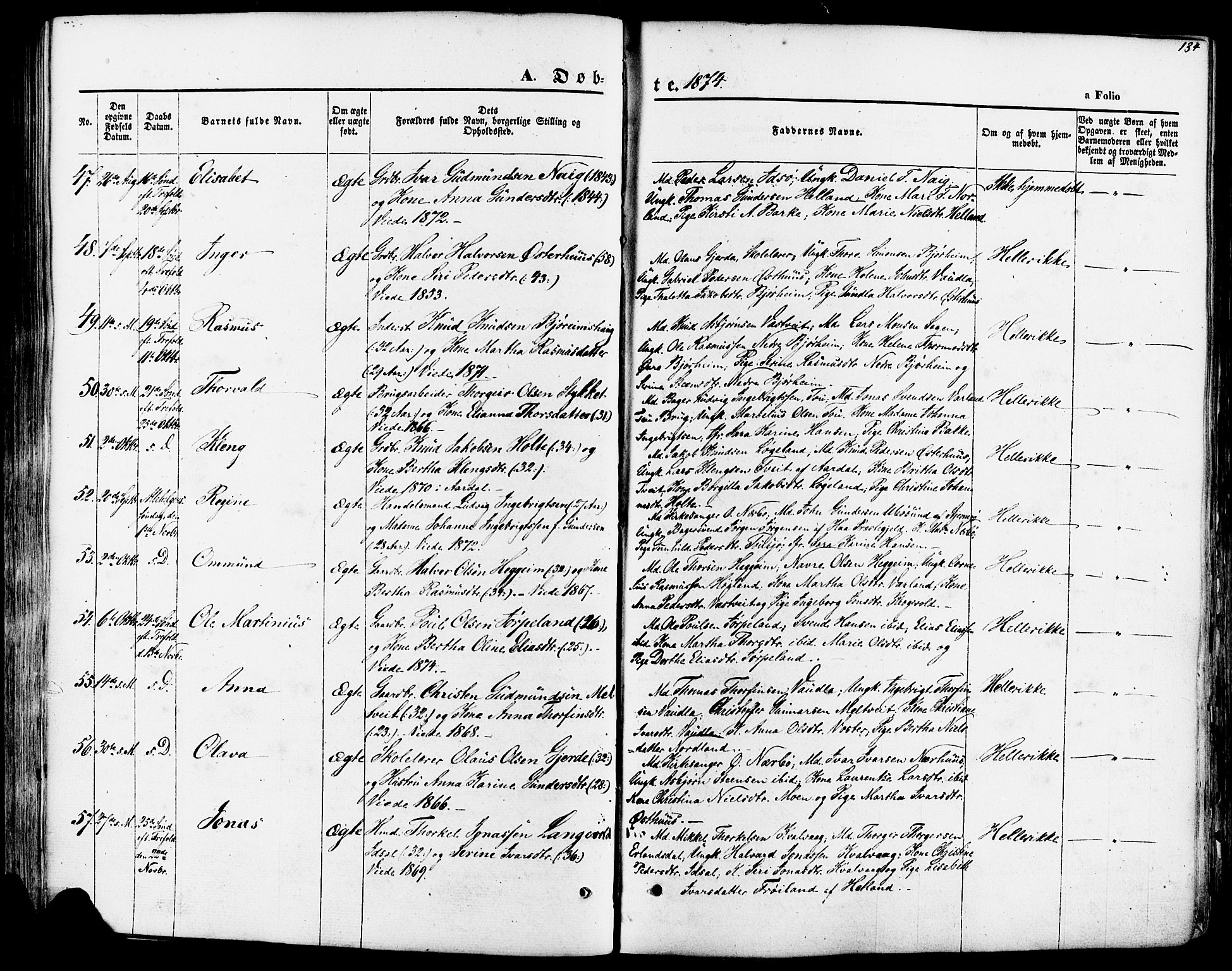 Strand sokneprestkontor, SAST/A-101828/H/Ha/Haa/L0007: Parish register (official) no. A 7, 1855-1881, p. 134