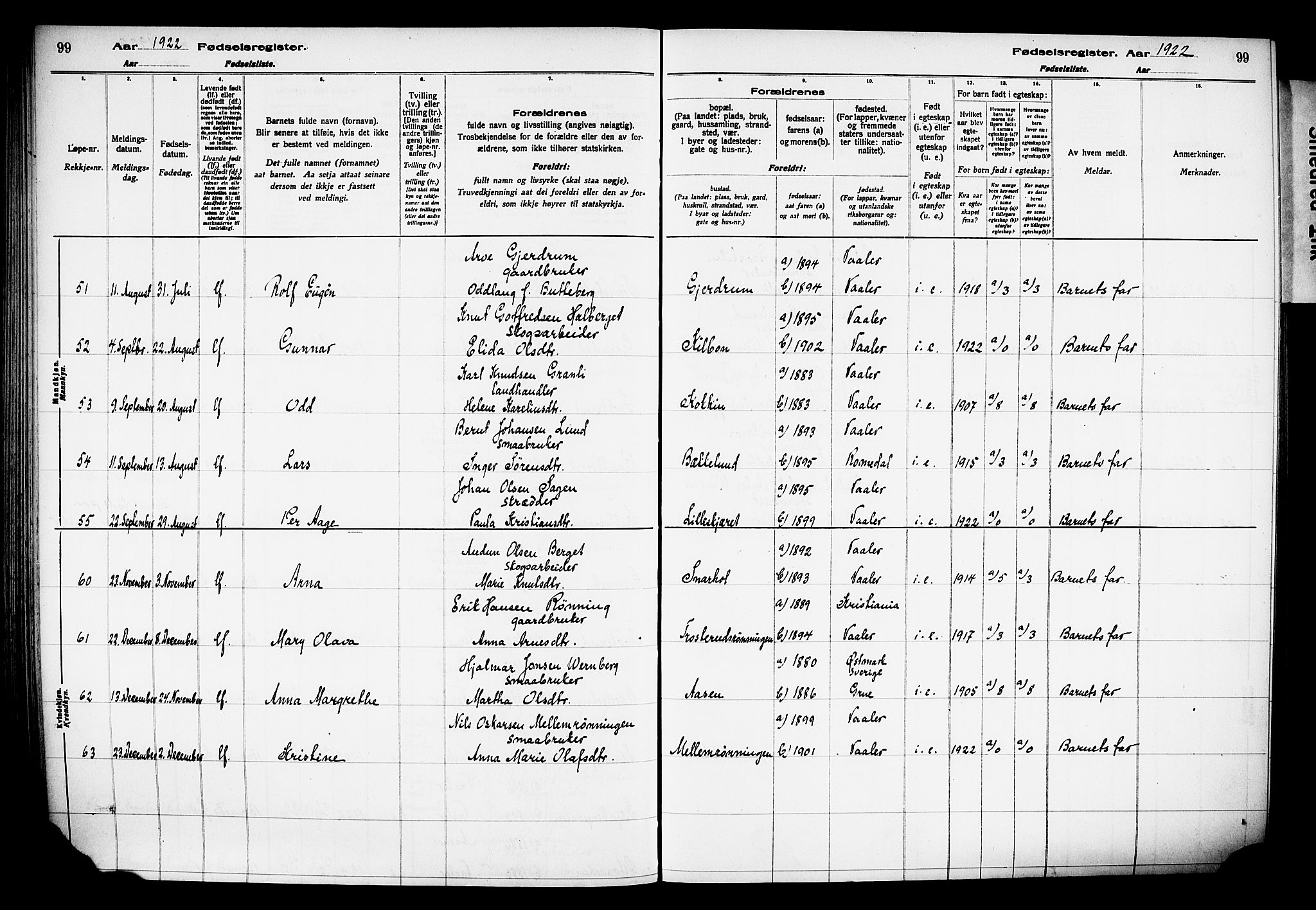 Våler prestekontor, Hedmark, AV/SAH-PREST-040/I/Id/L0001: Birth register no. 1, 1916-1930, p. 99