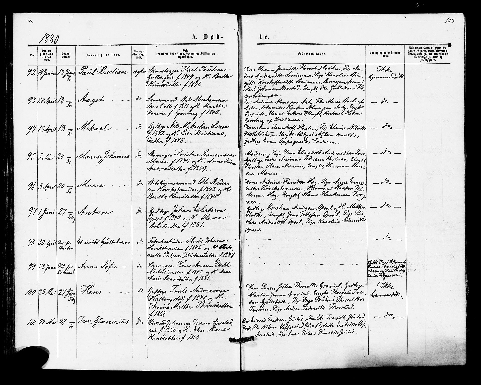 Lier kirkebøker, SAKO/A-230/F/Fa/L0014: Parish register (official) no. I 14, 1875-1882, p. 103