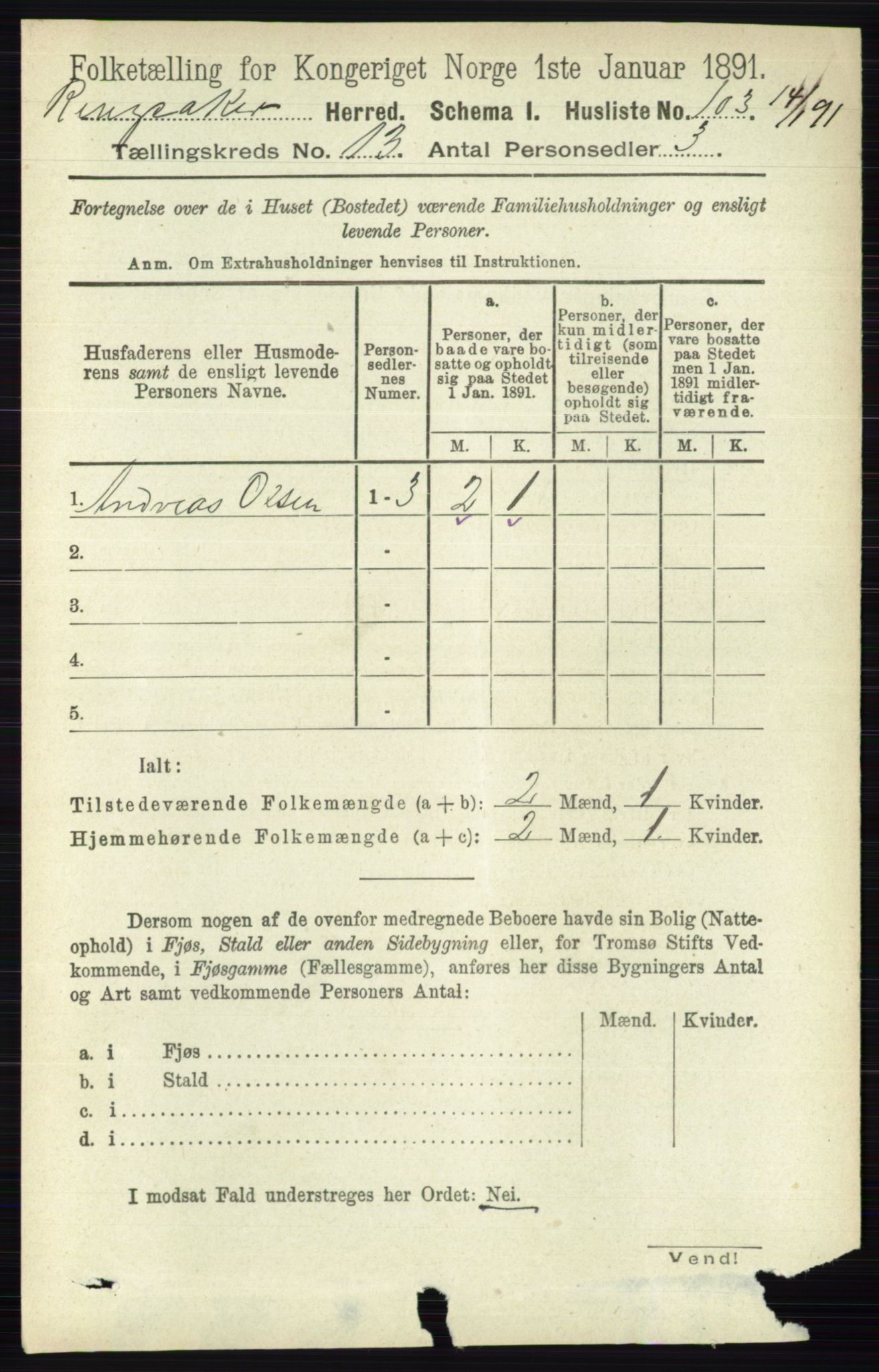 RA, 1891 census for 0412 Ringsaker, 1891, p. 7206