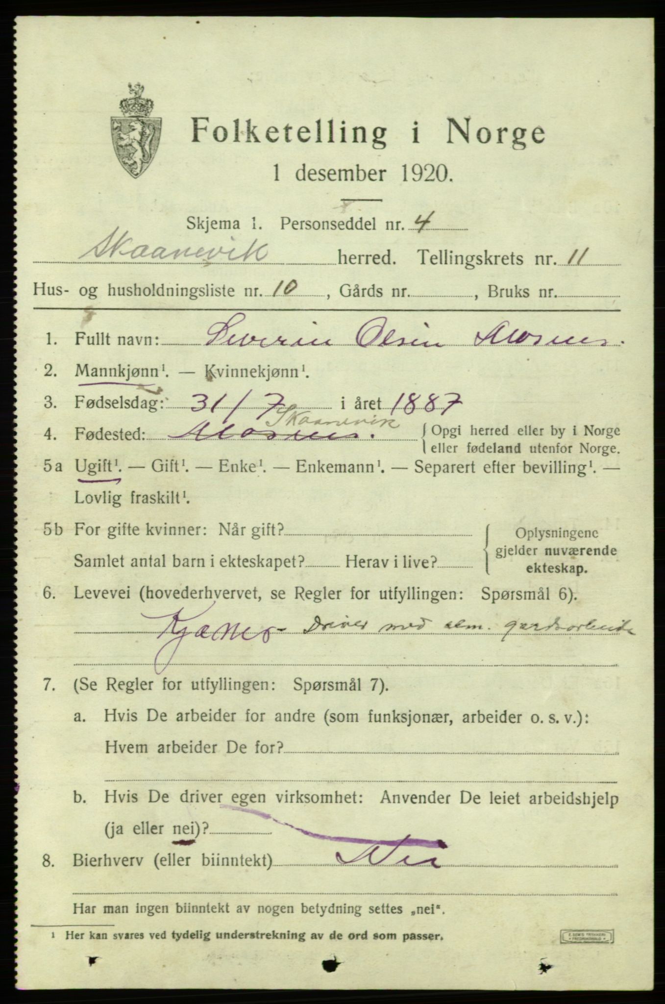 SAB, 1920 census for Skånevik, 1920, p. 5267