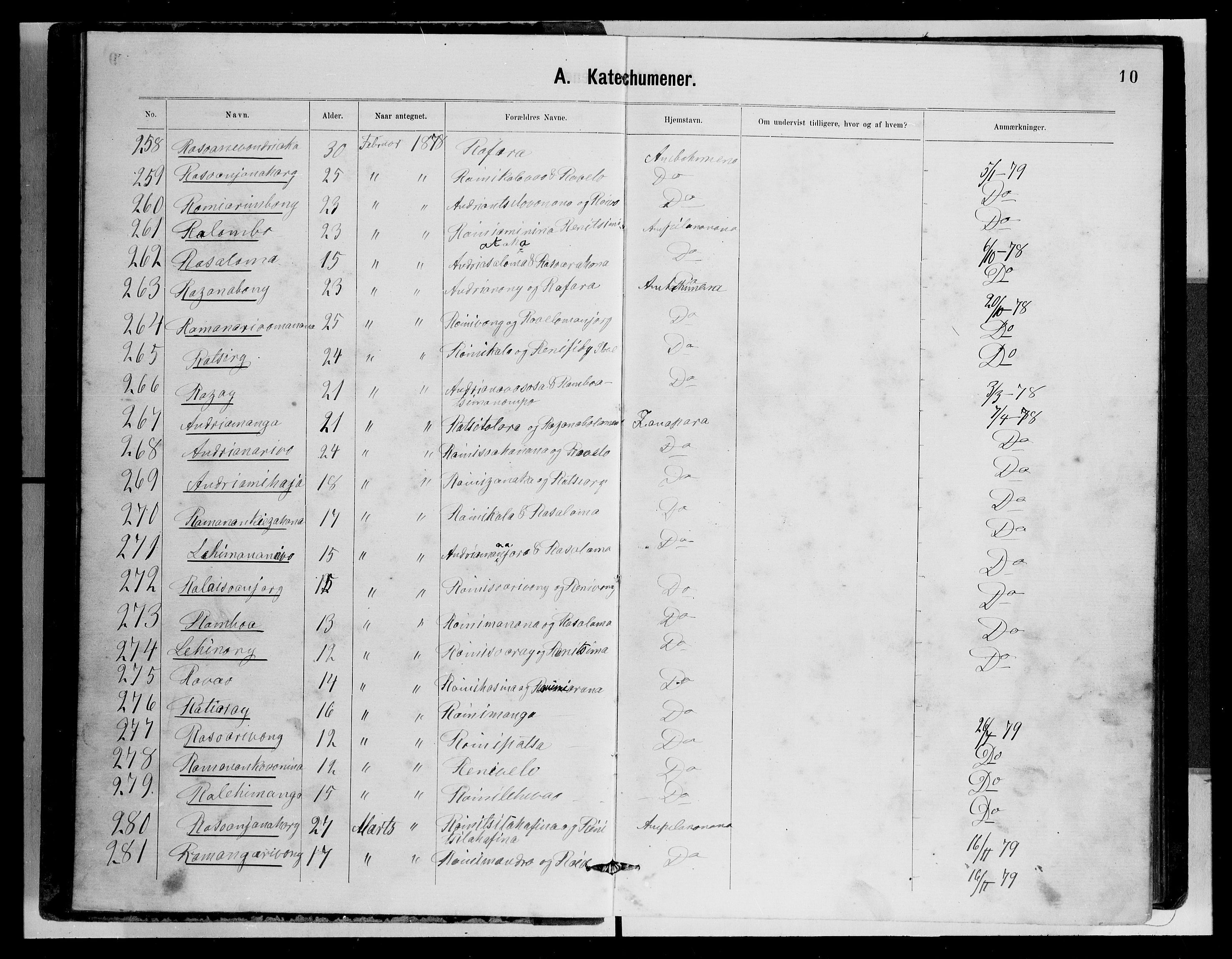 Archives FLM/NMS, Madagaskar, VID/MA-A-1163/D/Db/L0269: Parish register (official) no. 1, 1867-1884, p. 10