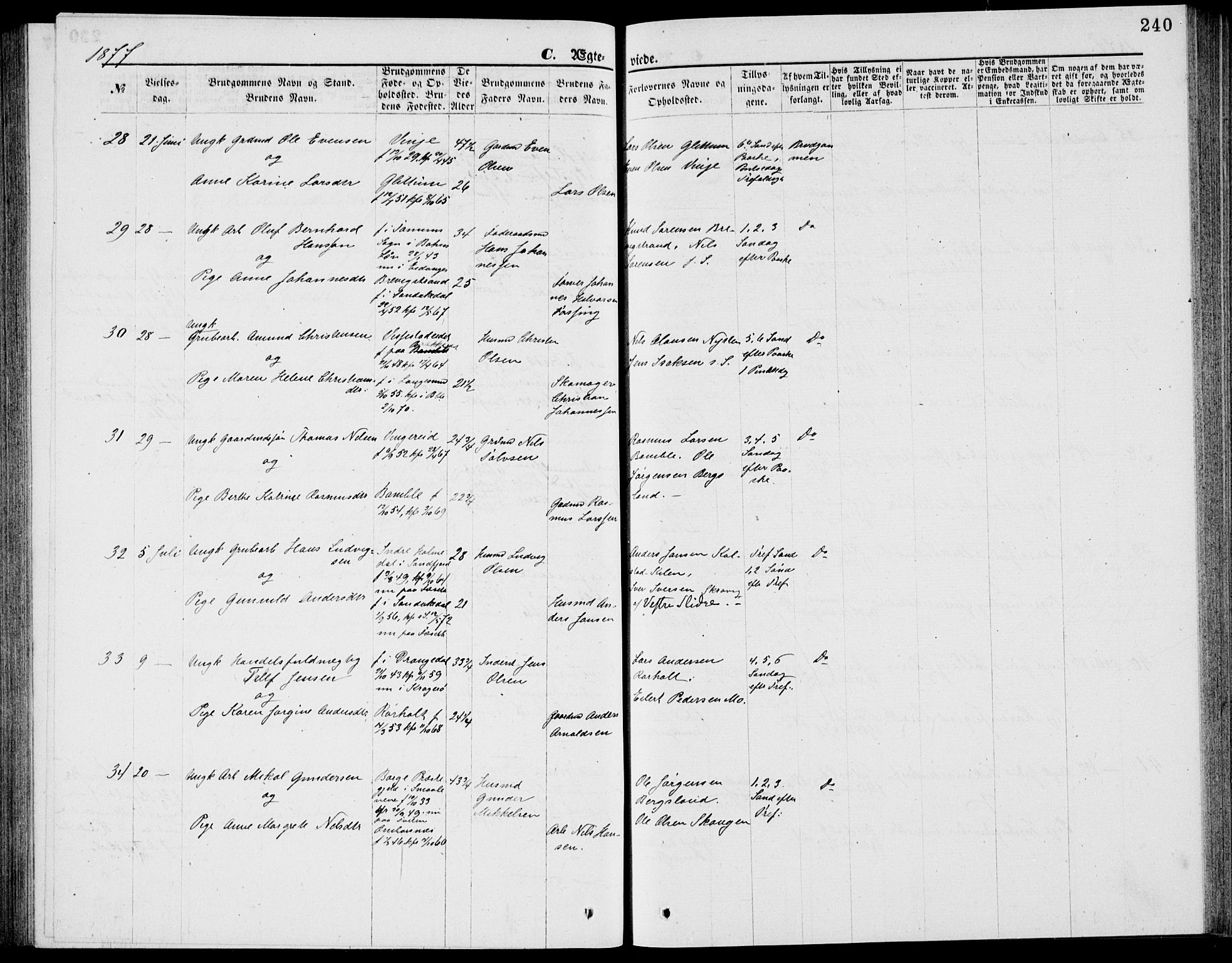 Bamble kirkebøker, AV/SAKO-A-253/G/Ga/L0007: Parish register (copy) no. I 7, 1876-1877, p. 240