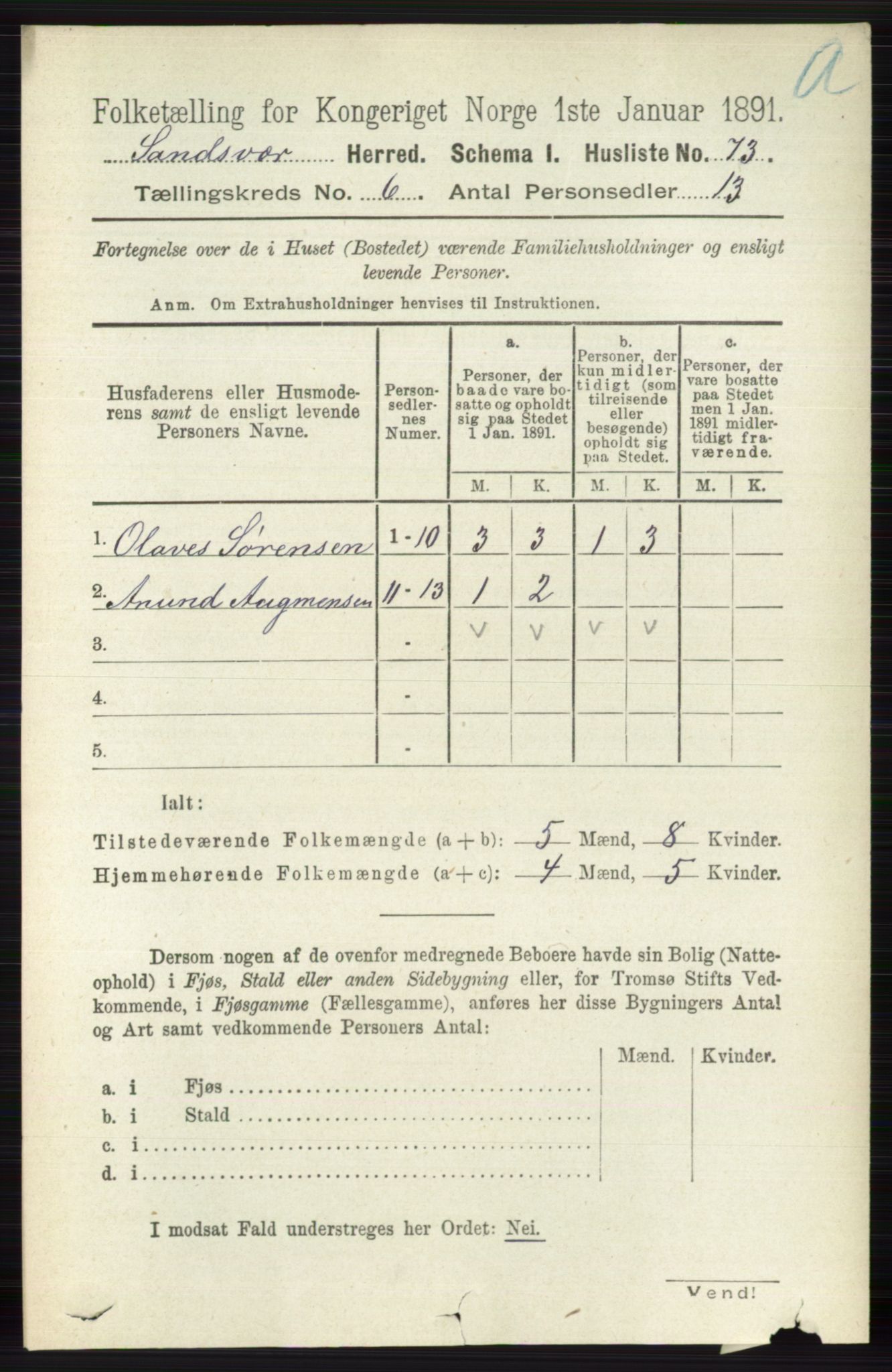 RA, 1891 census for 0629 Sandsvær, 1891, p. 3376