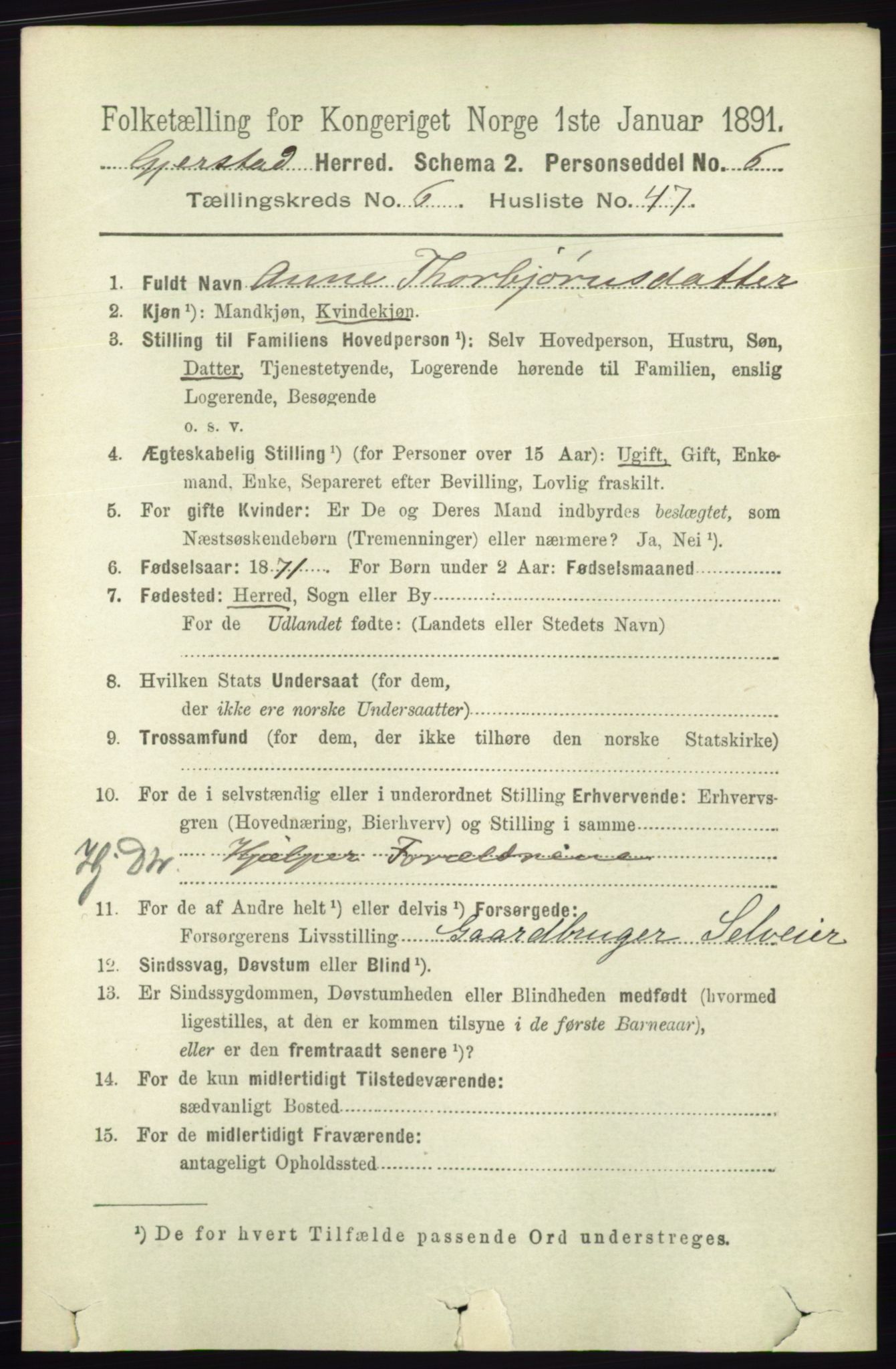 RA, 1891 census for 0911 Gjerstad, 1891, p. 2661