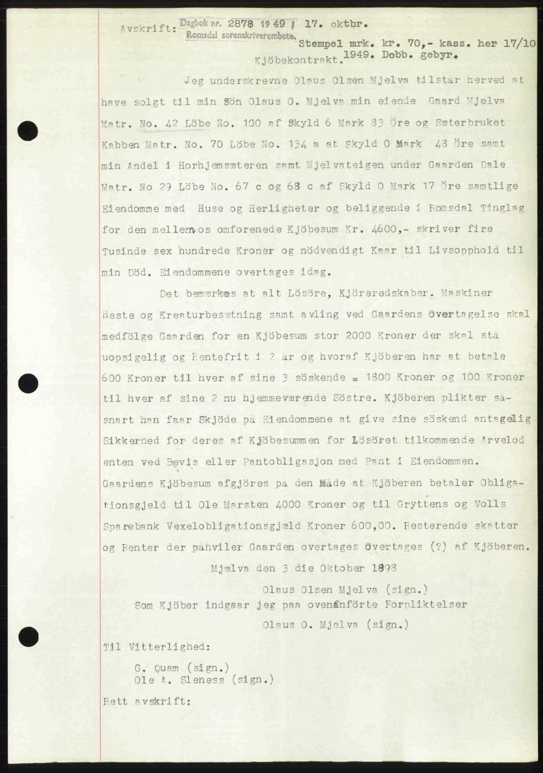 Romsdal sorenskriveri, AV/SAT-A-4149/1/2/2C: Mortgage book no. A31, 1949-1949, Diary no: : 2878/1949