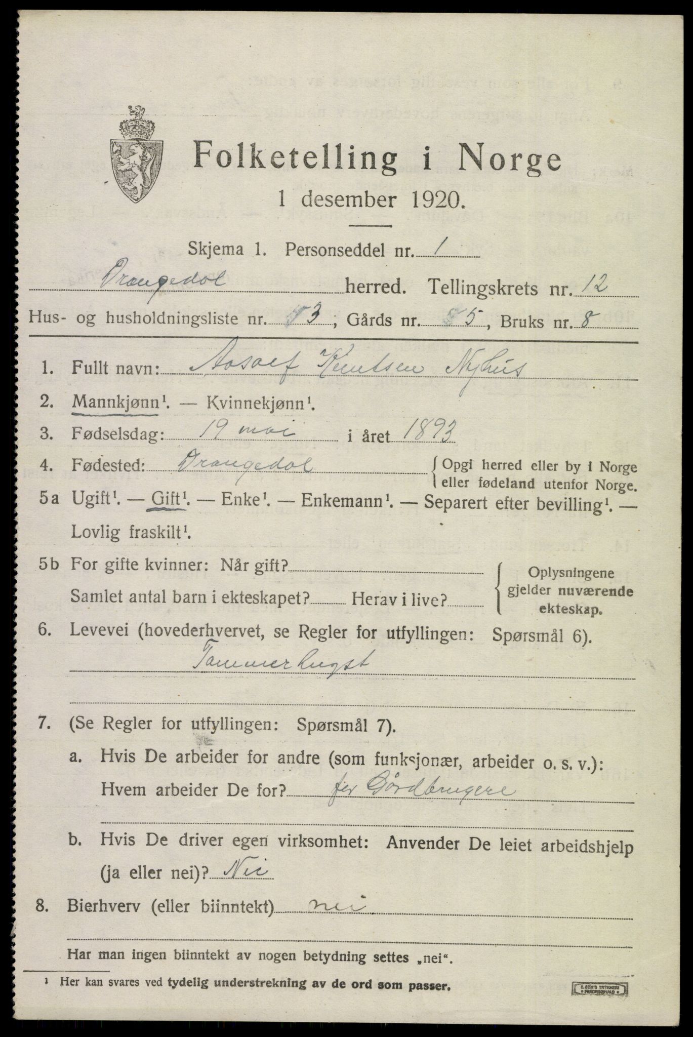 SAKO, 1920 census for Drangedal, 1920, p. 6783