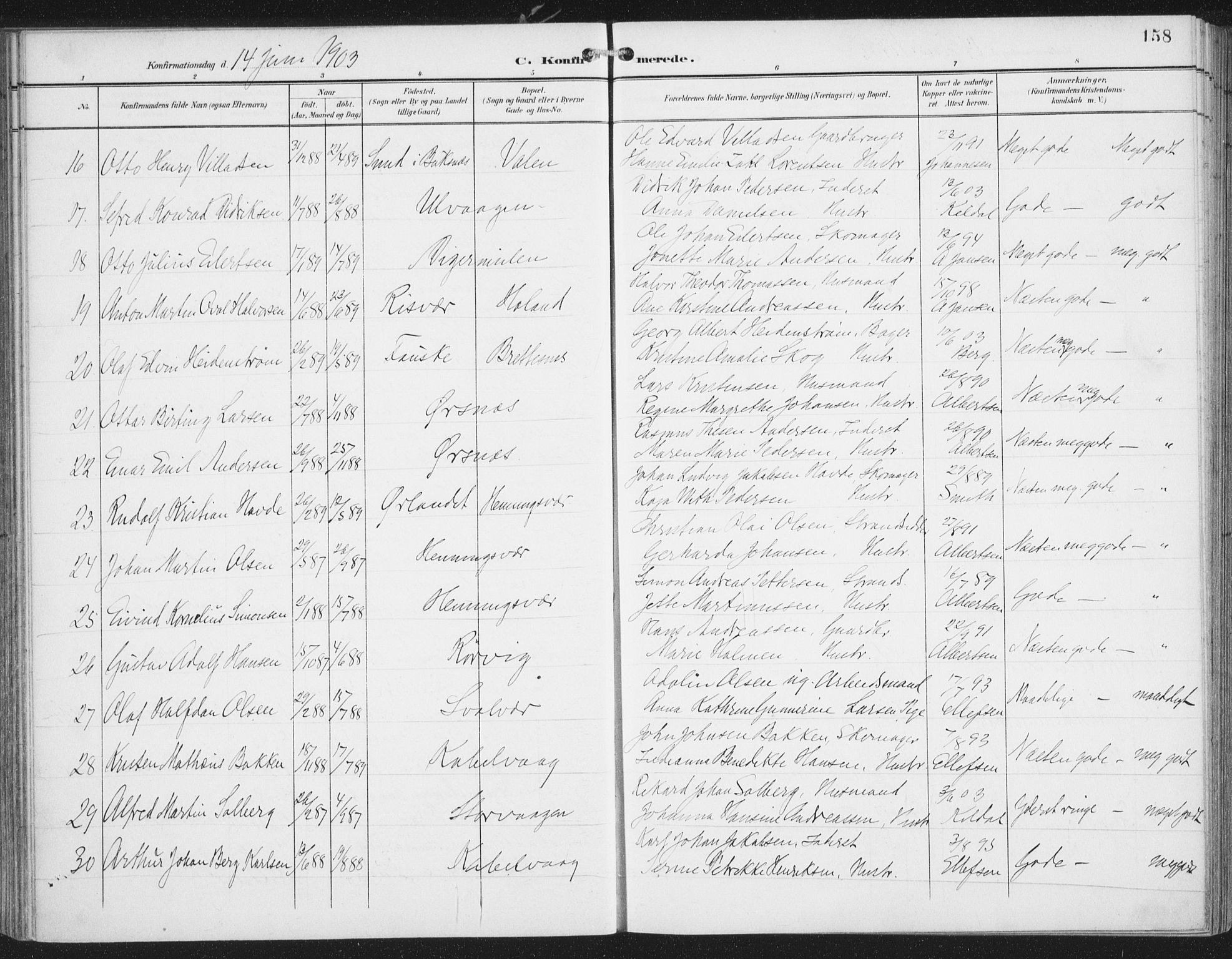 Ministerialprotokoller, klokkerbøker og fødselsregistre - Nordland, AV/SAT-A-1459/874/L1062: Parish register (official) no. 874A06, 1899-1907, p. 158