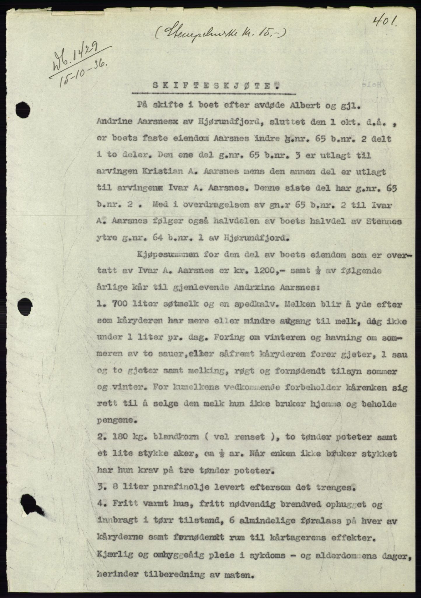 Søre Sunnmøre sorenskriveri, AV/SAT-A-4122/1/2/2C/L0061: Mortgage book no. 55, 1936-1936, Diary no: : 1429/1936