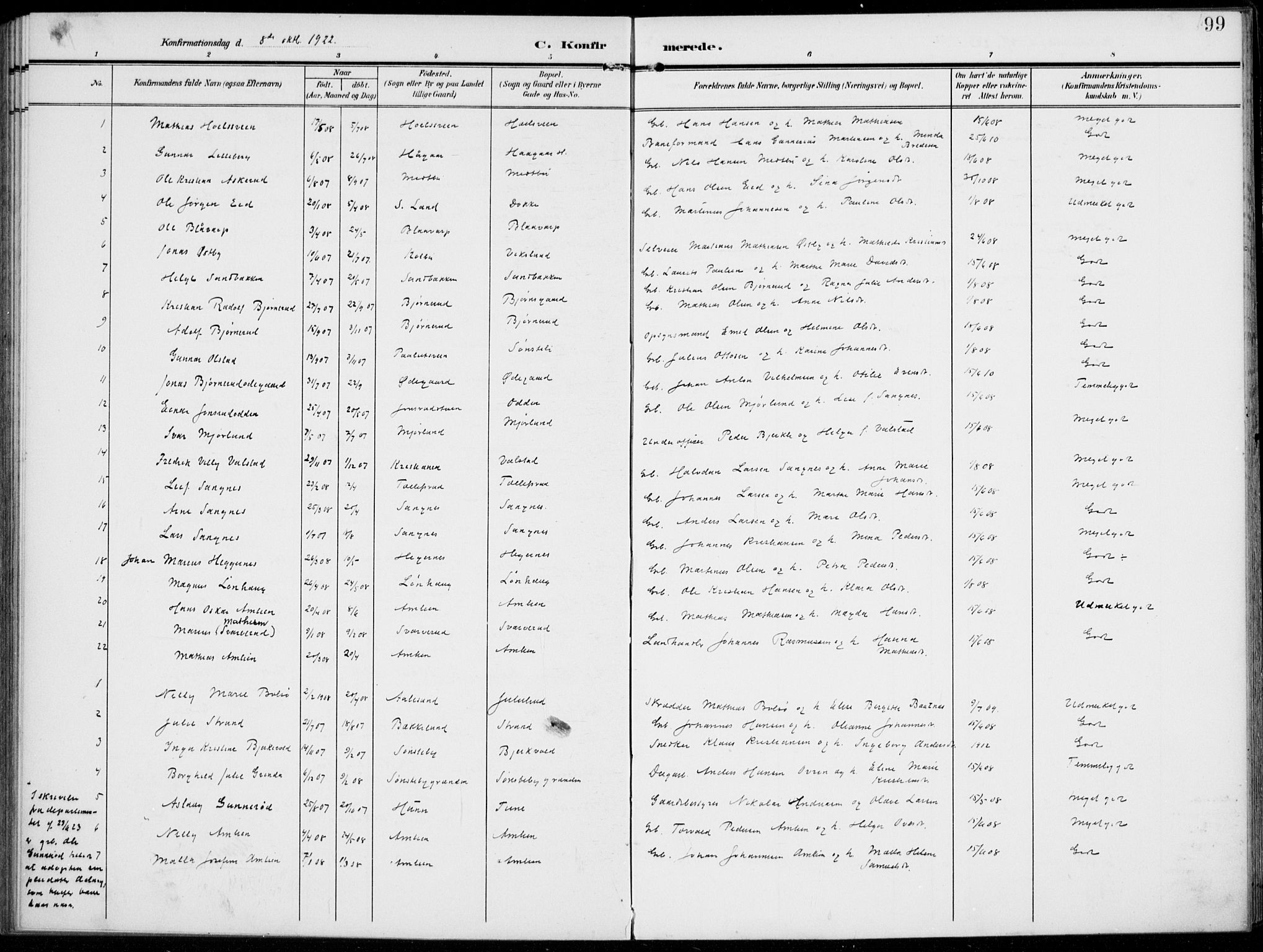 Kolbu prestekontor, SAH/PREST-110/H/Ha/Haa/L0001: Parish register (official) no. 1, 1907-1923, p. 99