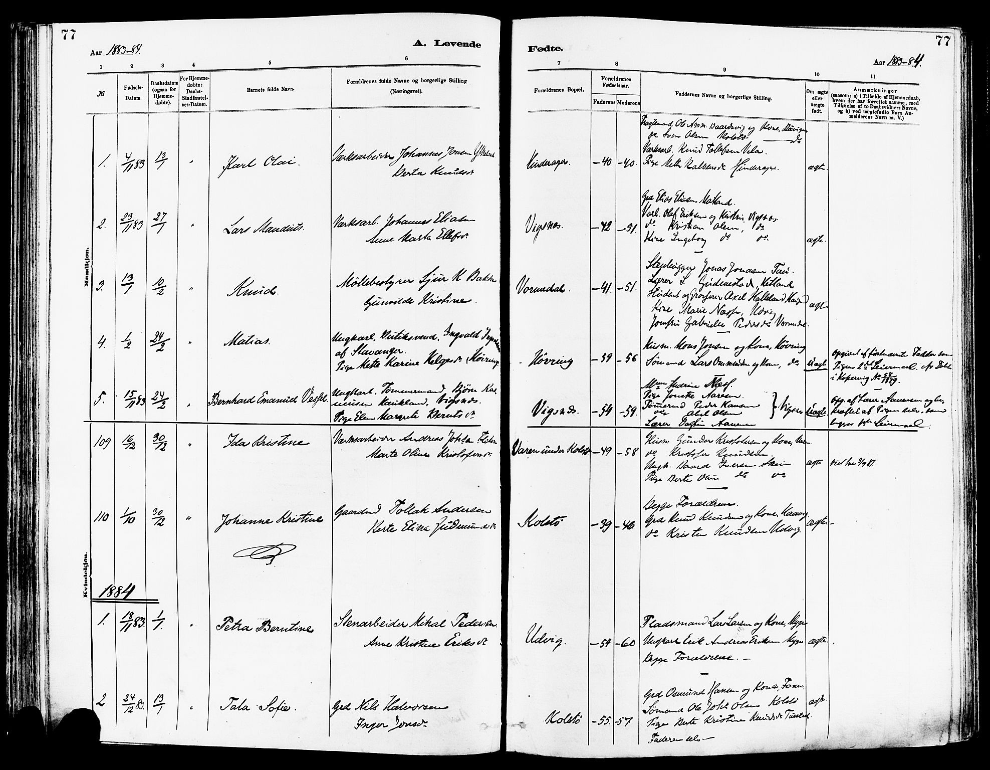 Avaldsnes sokneprestkontor, AV/SAST-A -101851/H/Ha/Haa/L0014: Parish register (official) no. A 14, 1880-1889, p. 77