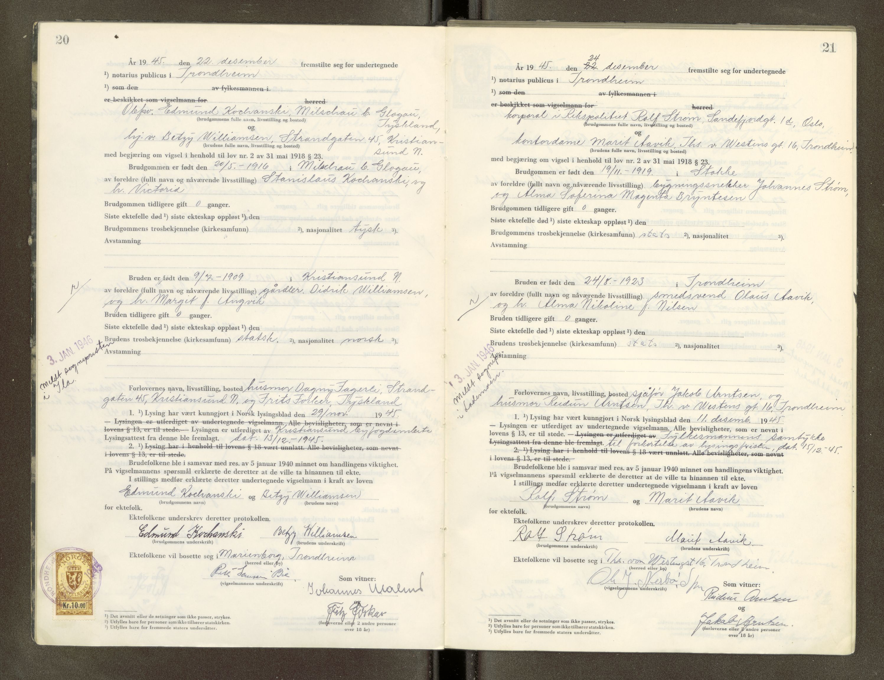 Trondheim byfogd, AV/SAT-A-0003/1/6/6D/L0005: Vigselbøker, 1944-1948, p. 20-21