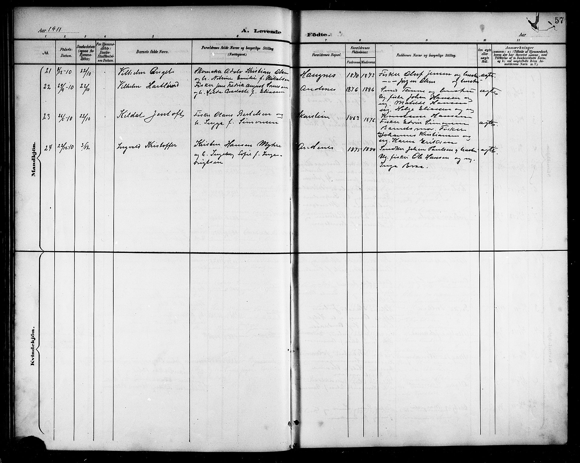 Ministerialprotokoller, klokkerbøker og fødselsregistre - Nordland, AV/SAT-A-1459/899/L1449: Parish register (copy) no. 899C04, 1900-1918, p. 57