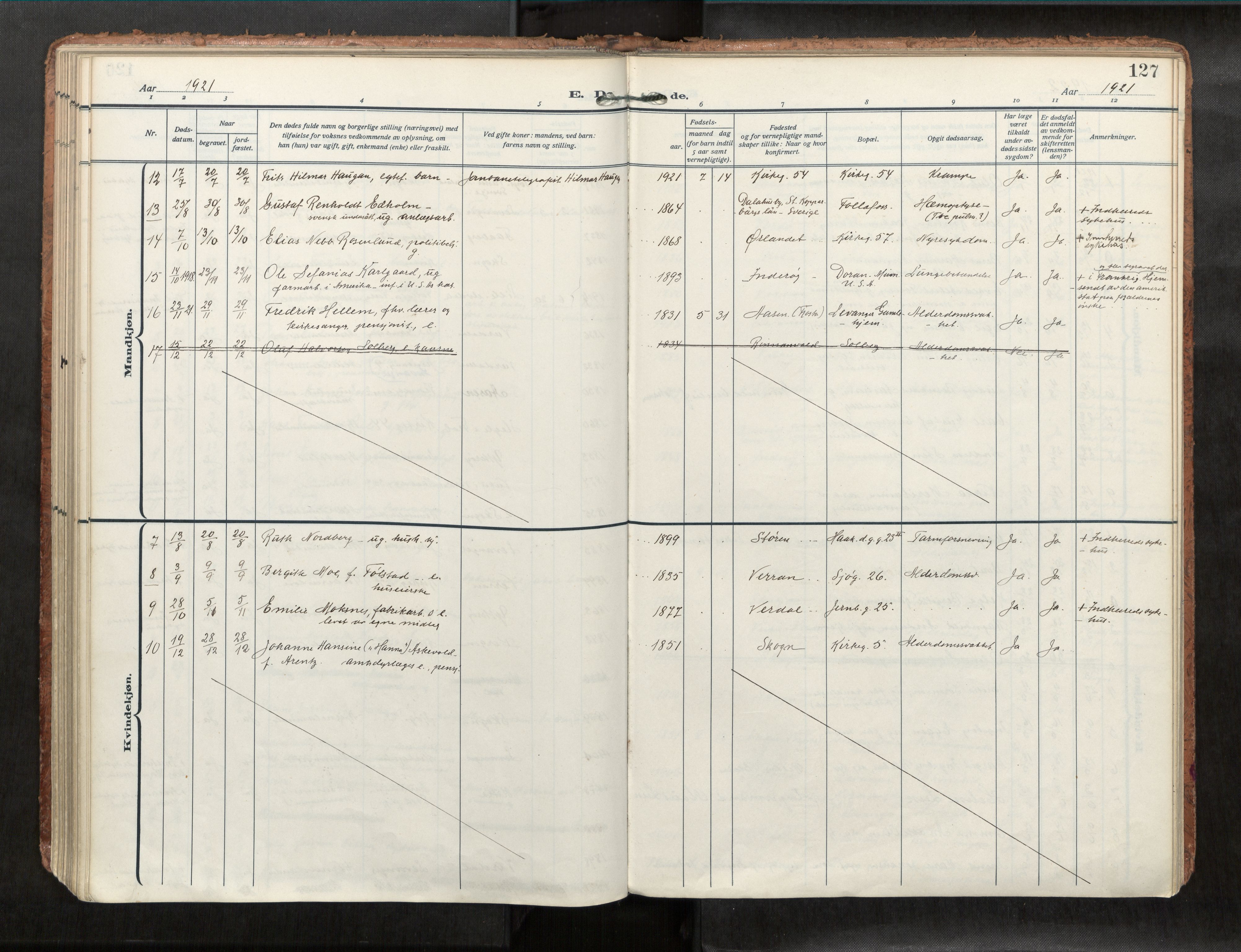 Levanger sokneprestkontor, AV/SAT-A-1301/2/H/Haa/L0001: Parish register (official) no. 1, 1912-1932, p. 127