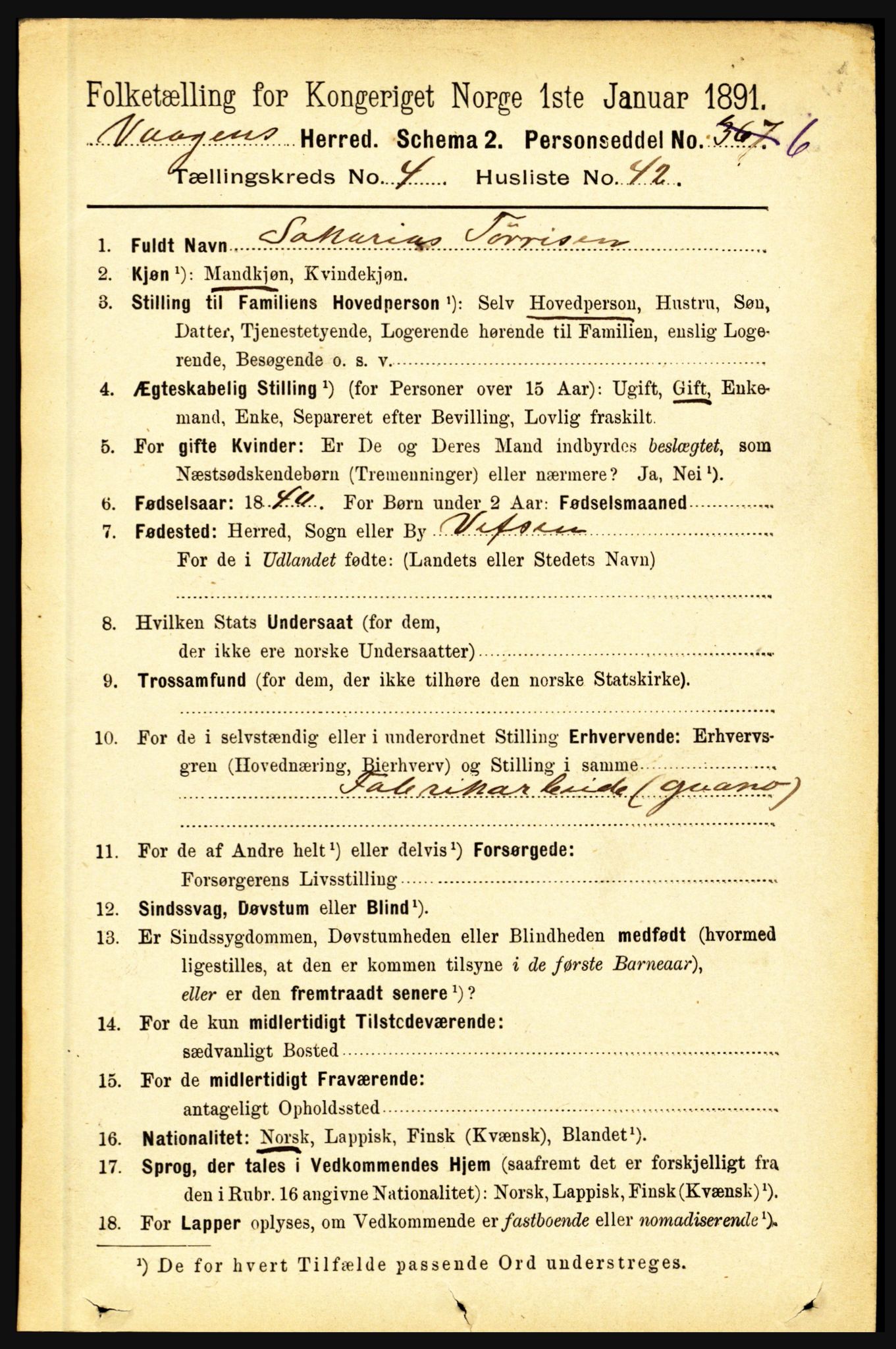 RA, 1891 census for 1865 Vågan, 1891, p. 1307