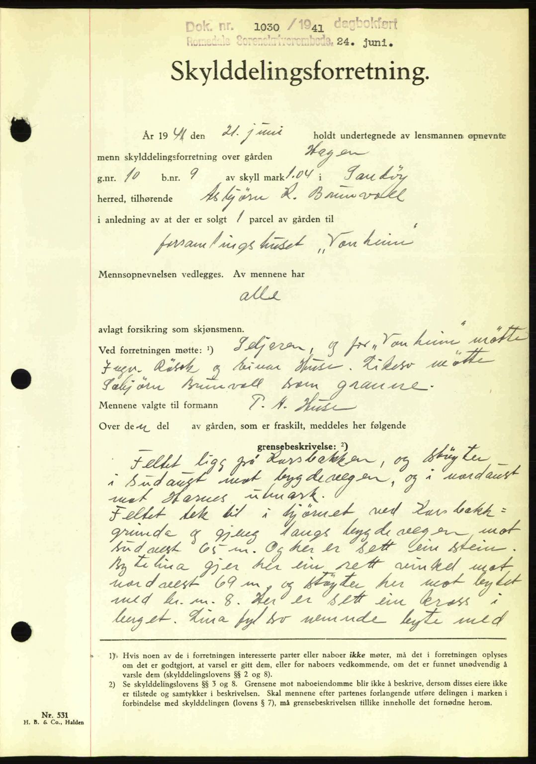 Romsdal sorenskriveri, AV/SAT-A-4149/1/2/2C: Mortgage book no. A10, 1941-1941, Diary no: : 1030/1941