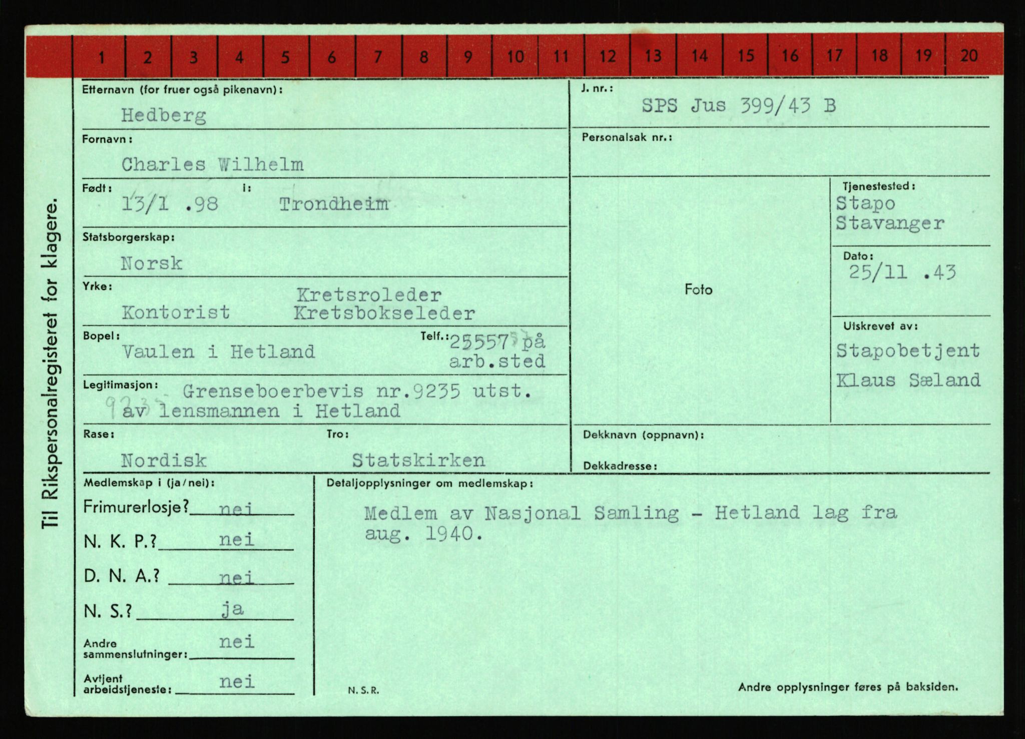 Statspolitiet - Hovedkontoret / Osloavdelingen, AV/RA-S-1329/C/Ca/L0006: Hanche - Hokstvedt, 1943-1945, p. 2846