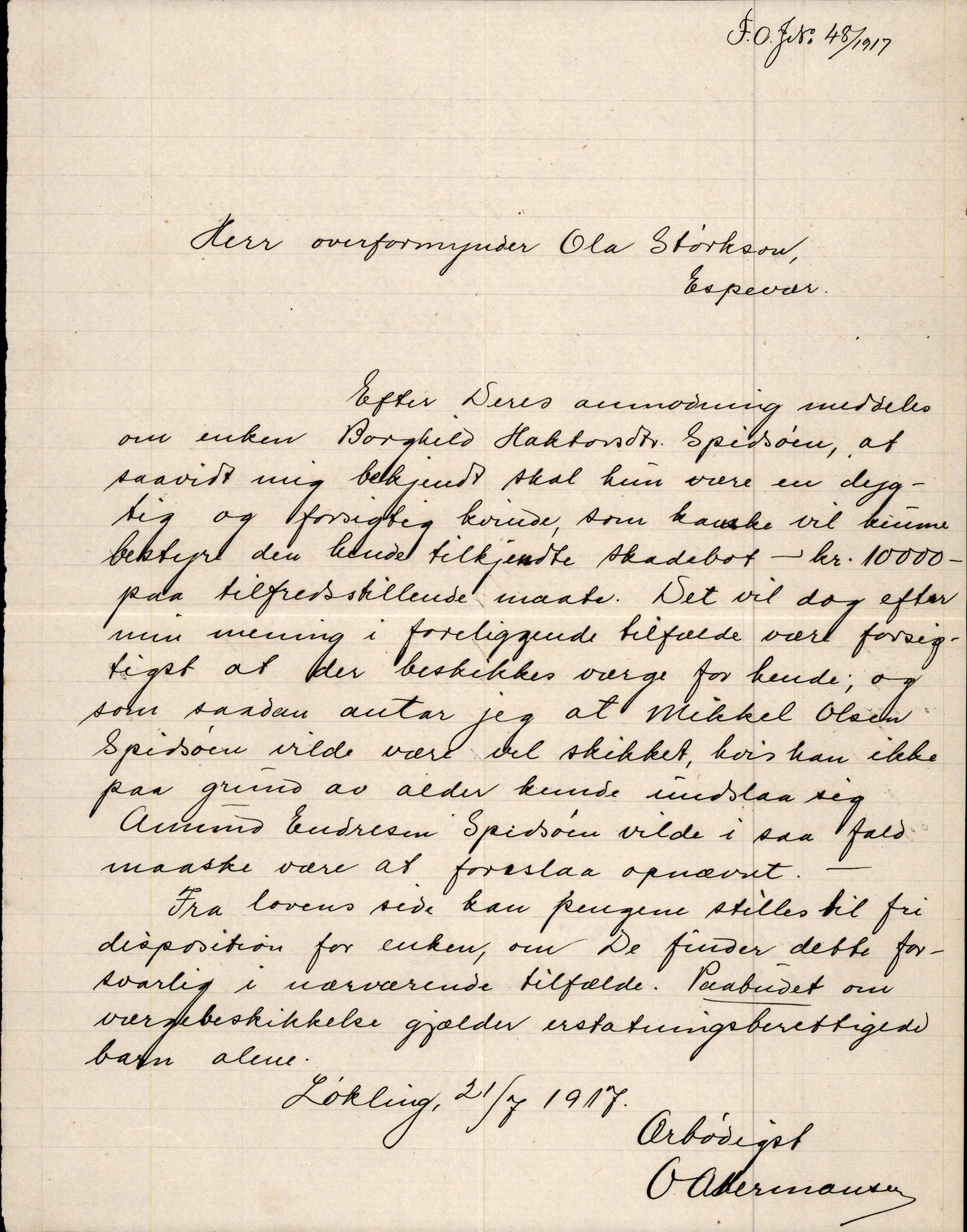 Finnaas kommune. Overformynderiet, IKAH/1218a-812/D/Da/Daa/L0003/0002: Kronologisk ordna korrespondanse / Kronologisk ordna korrespondanse, 1917-1919, p. 19