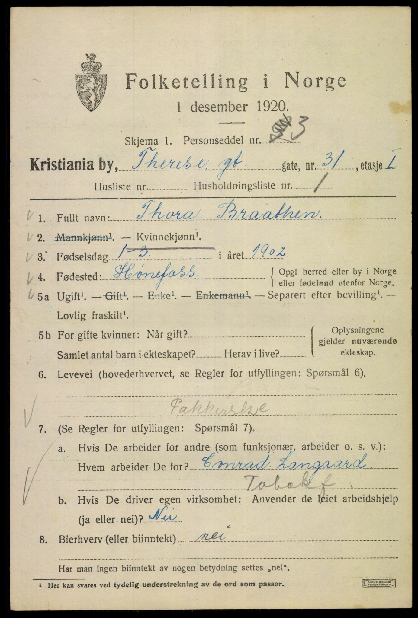 SAO, 1920 census for Kristiania, 1920, p. 569151