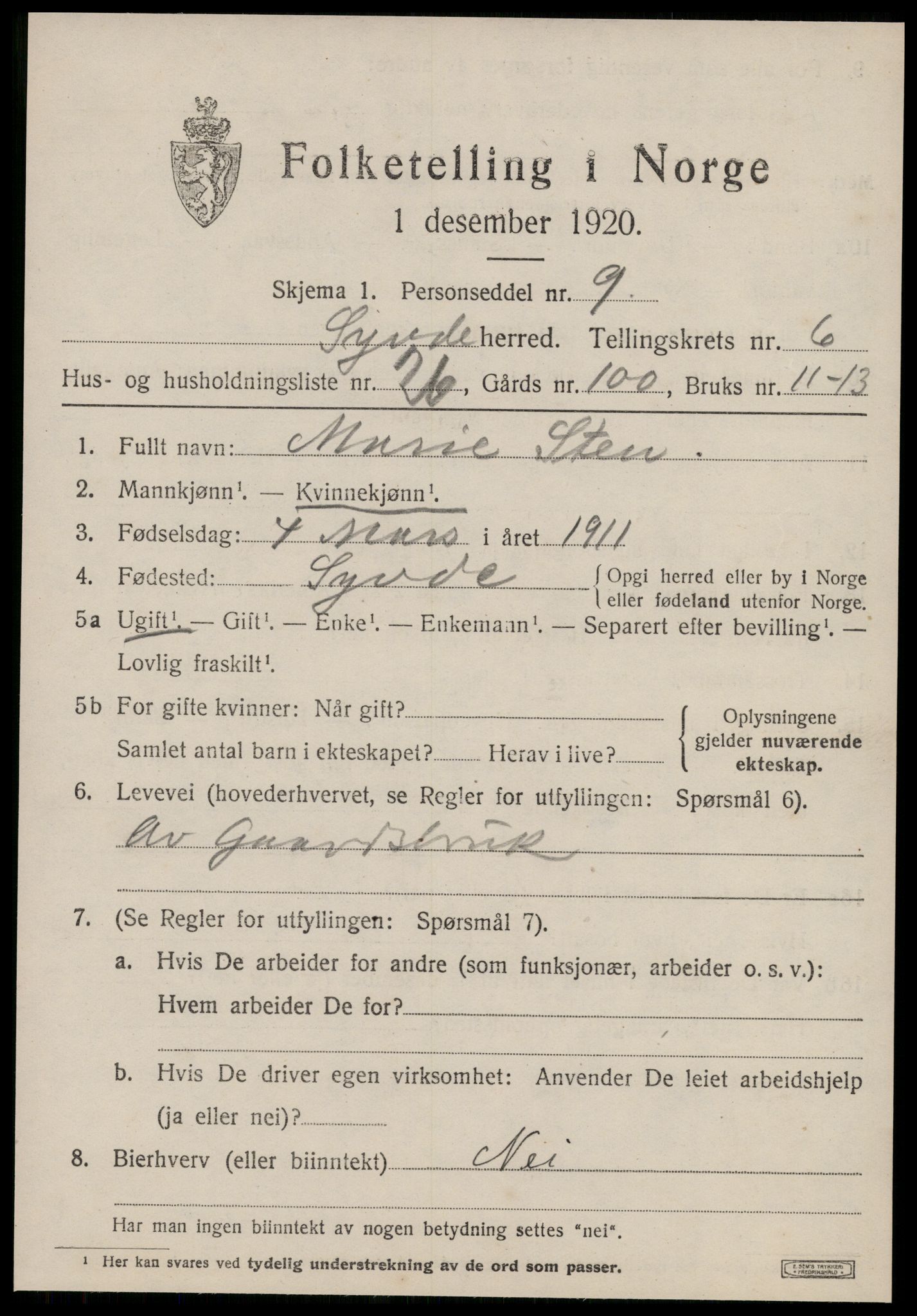 SAT, 1920 census for Syvde, 1920, p. 2364