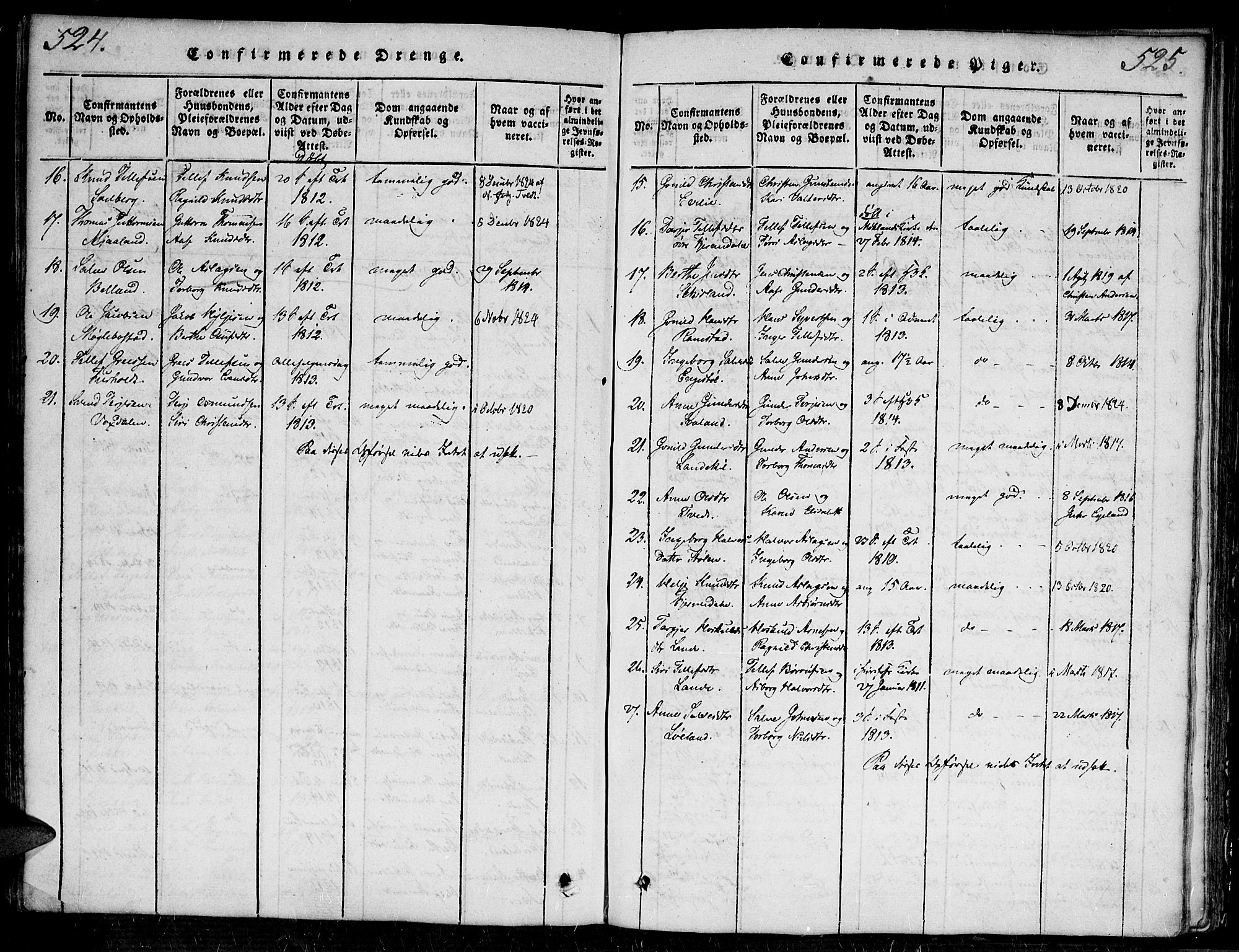 Evje sokneprestkontor, AV/SAK-1111-0008/F/Fa/Faa/L0004: Parish register (official) no. A 4, 1816-1840, p. 524-525