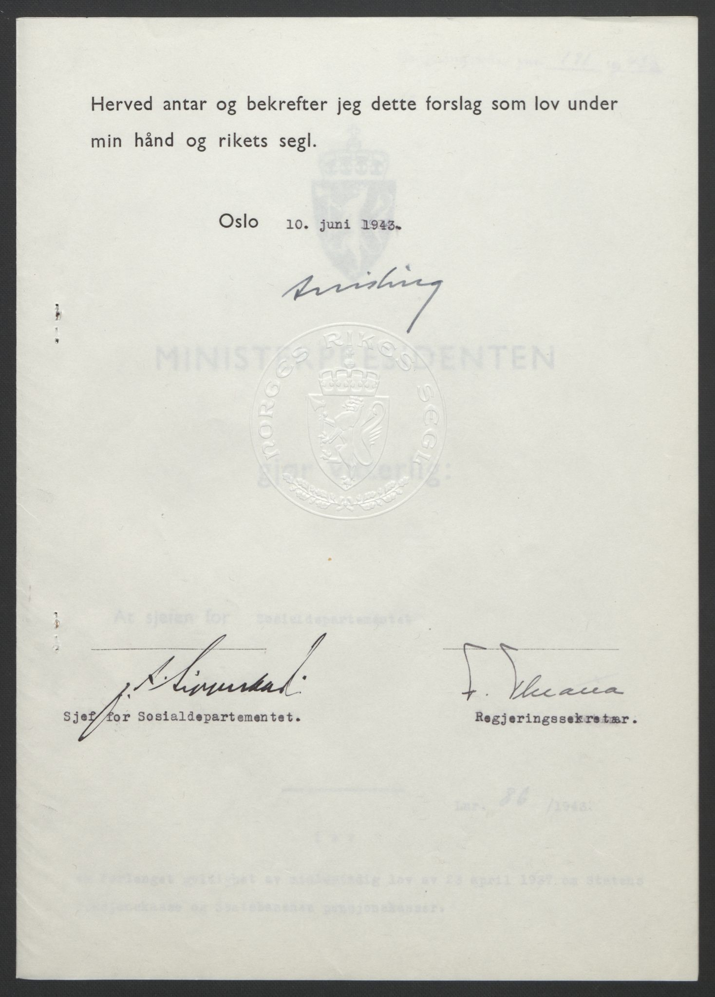NS-administrasjonen 1940-1945 (Statsrådsekretariatet, de kommisariske statsråder mm), RA/S-4279/D/Db/L0099: Lover, 1943, p. 395