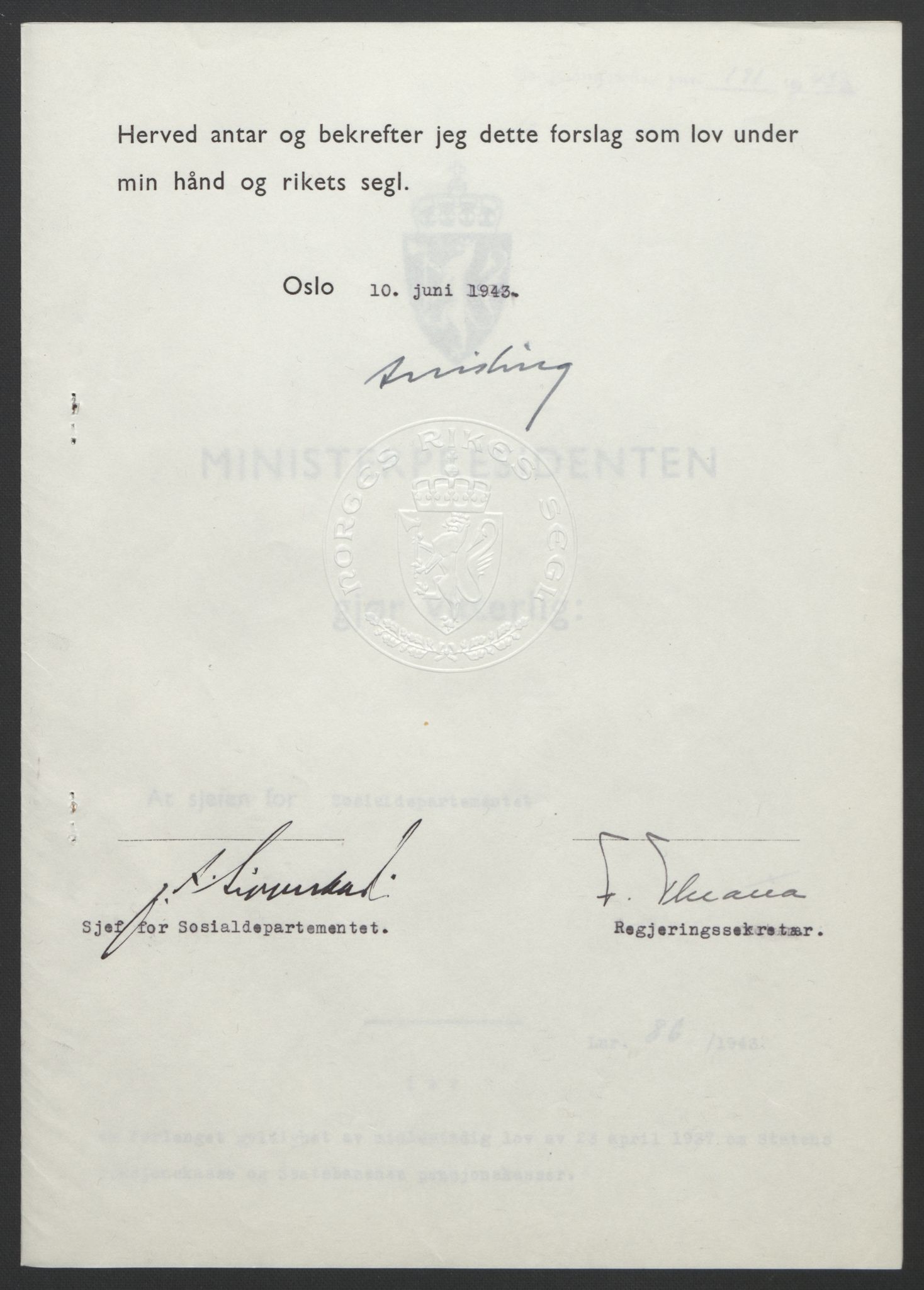 NS-administrasjonen 1940-1945 (Statsrådsekretariatet, de kommisariske statsråder mm), AV/RA-S-4279/D/Db/L0099: Lover, 1943, p. 395