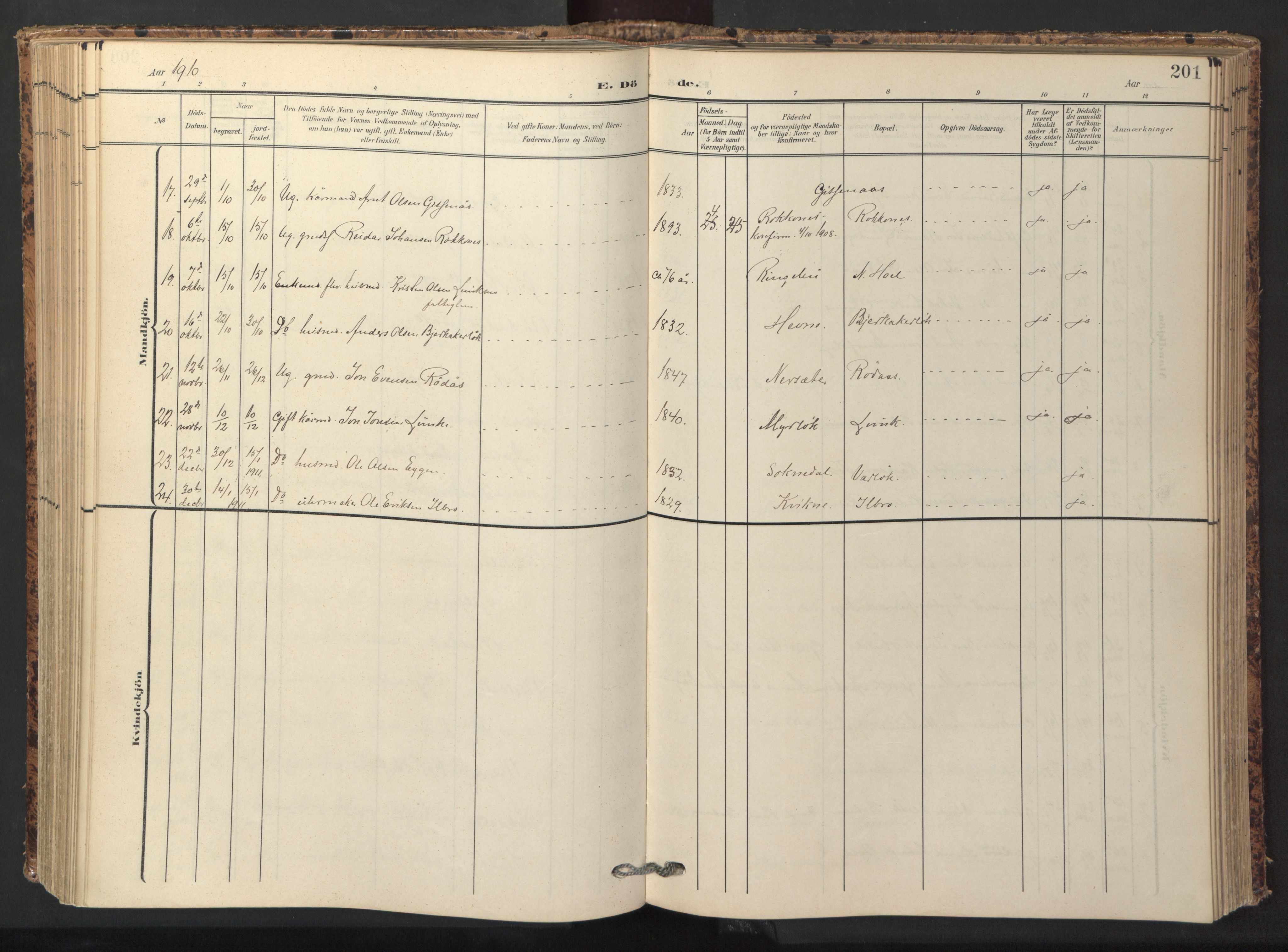 Ministerialprotokoller, klokkerbøker og fødselsregistre - Sør-Trøndelag, SAT/A-1456/674/L0873: Parish register (official) no. 674A05, 1908-1923, p. 201