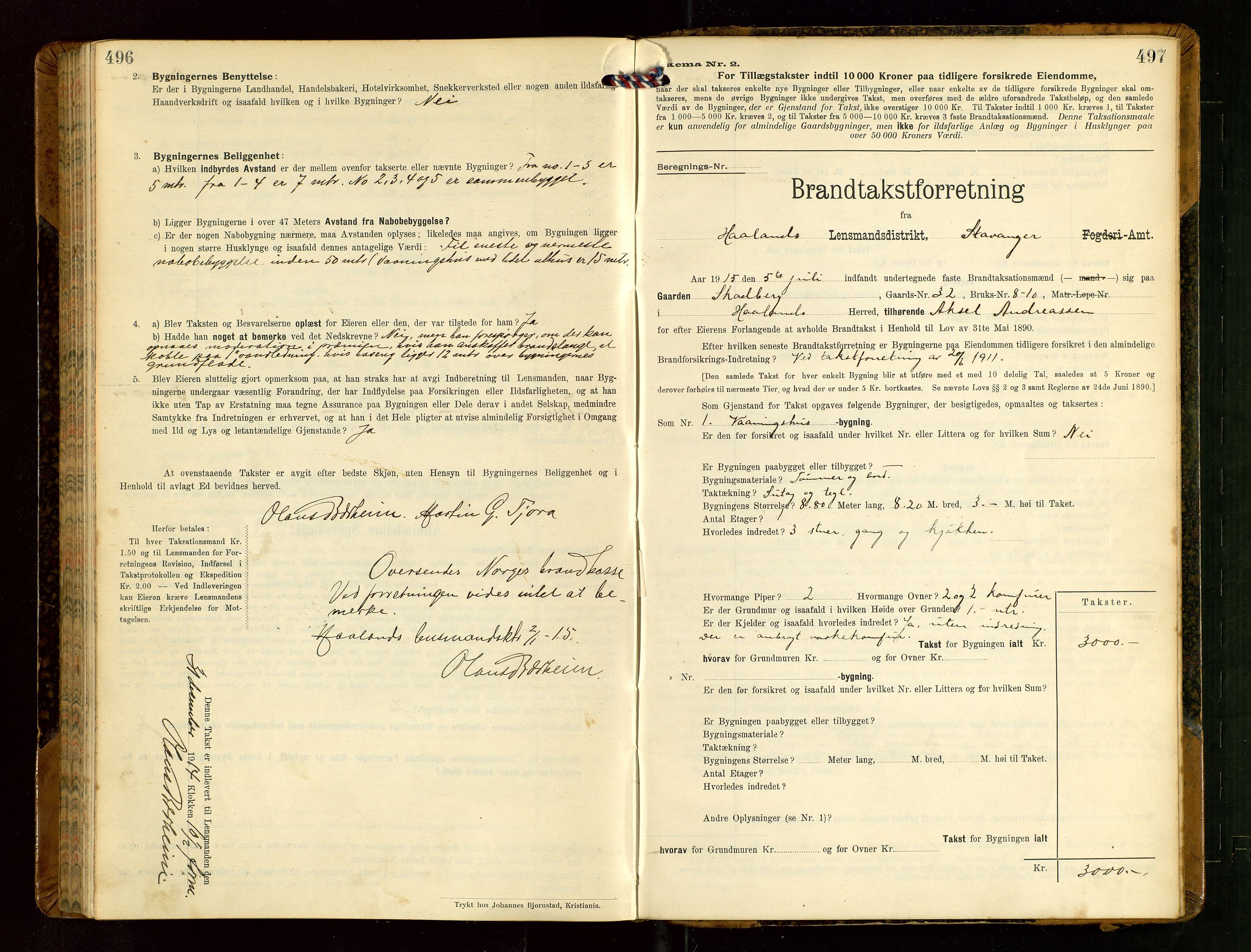 Håland lensmannskontor, SAST/A-100100/Gob/L0004: Branntakstprotokoll - skjematakst. Register i boken., 1913-1915, p. 496-497