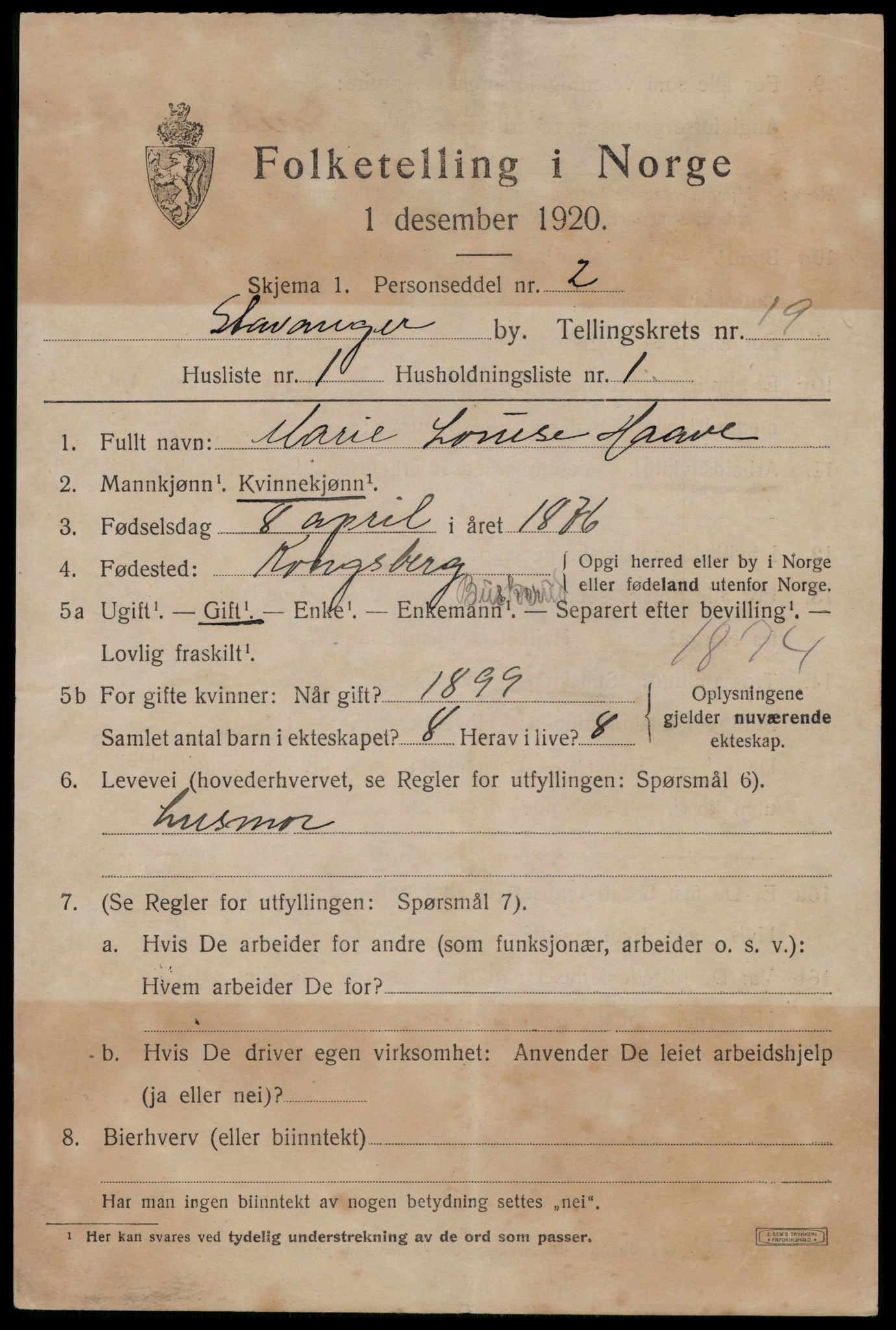 SAST, 1920 census for Stavanger, 1920, p. 68160