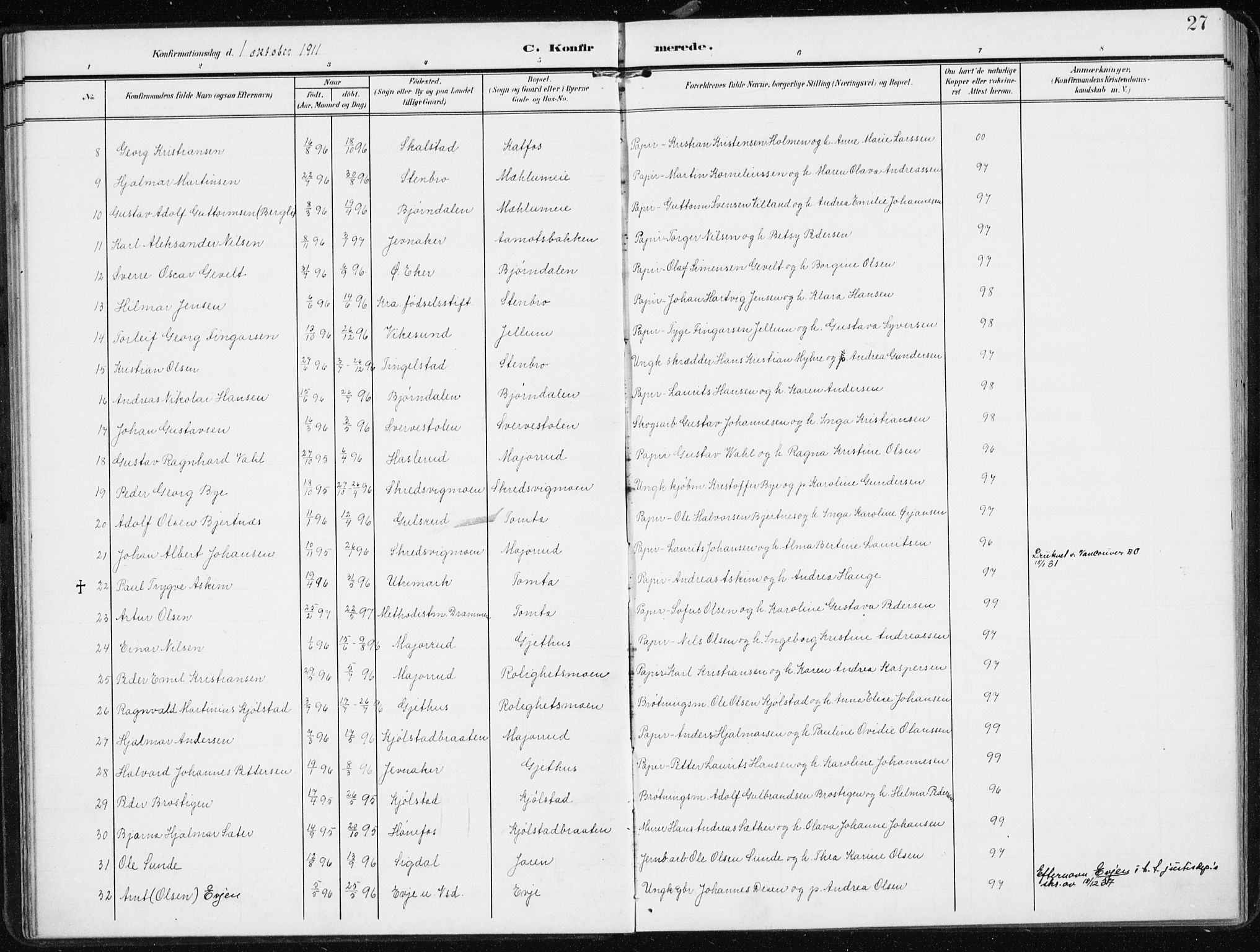 Modum kirkebøker, AV/SAKO-A-234/F/Fa/L0014b: Parish register (official) no. 14b, 1906-1917, p. 27