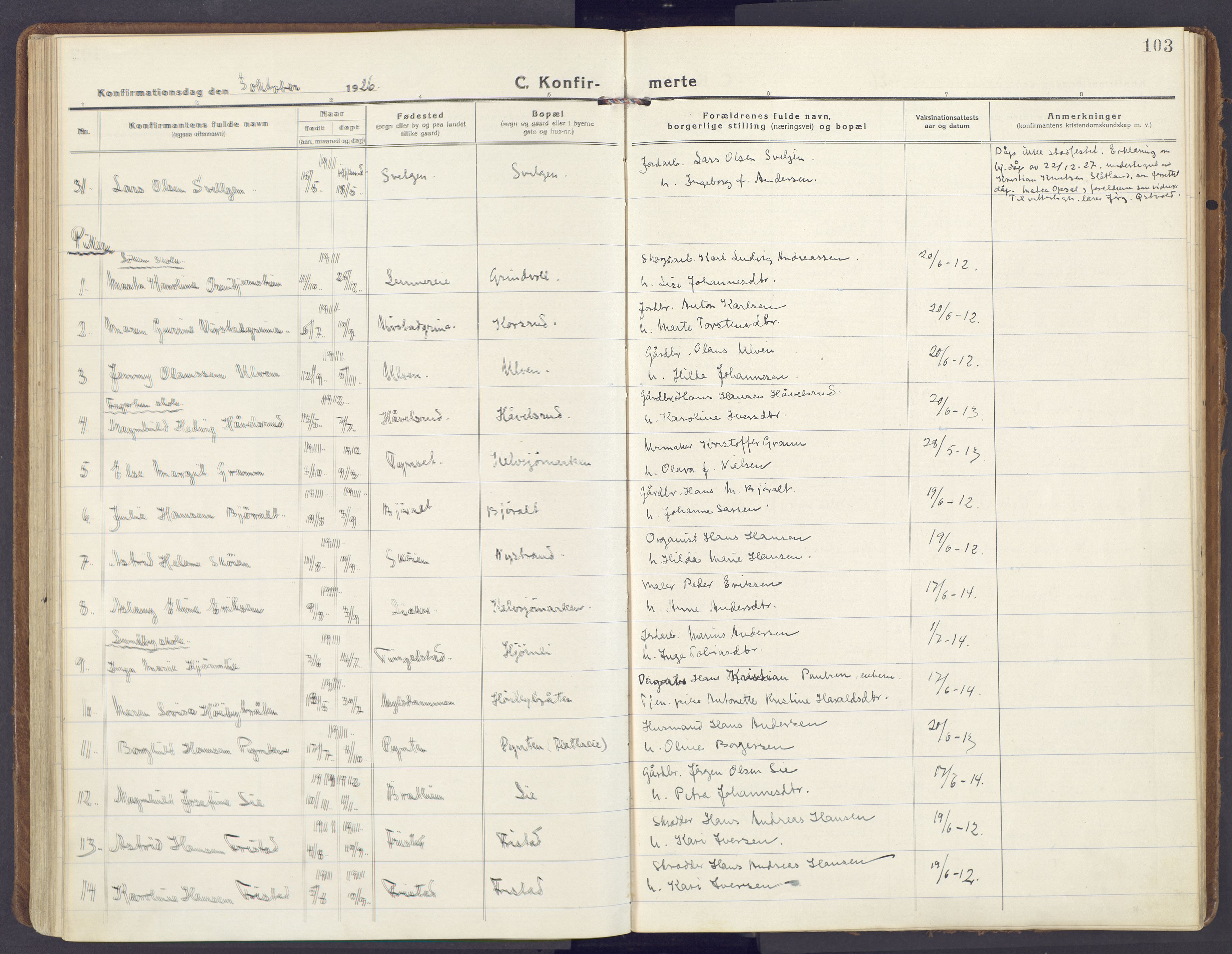 Lunner prestekontor, AV/SAH-PREST-118/H/Ha/Haa/L0002: Parish register (official) no. 2, 1922-1931, p. 103