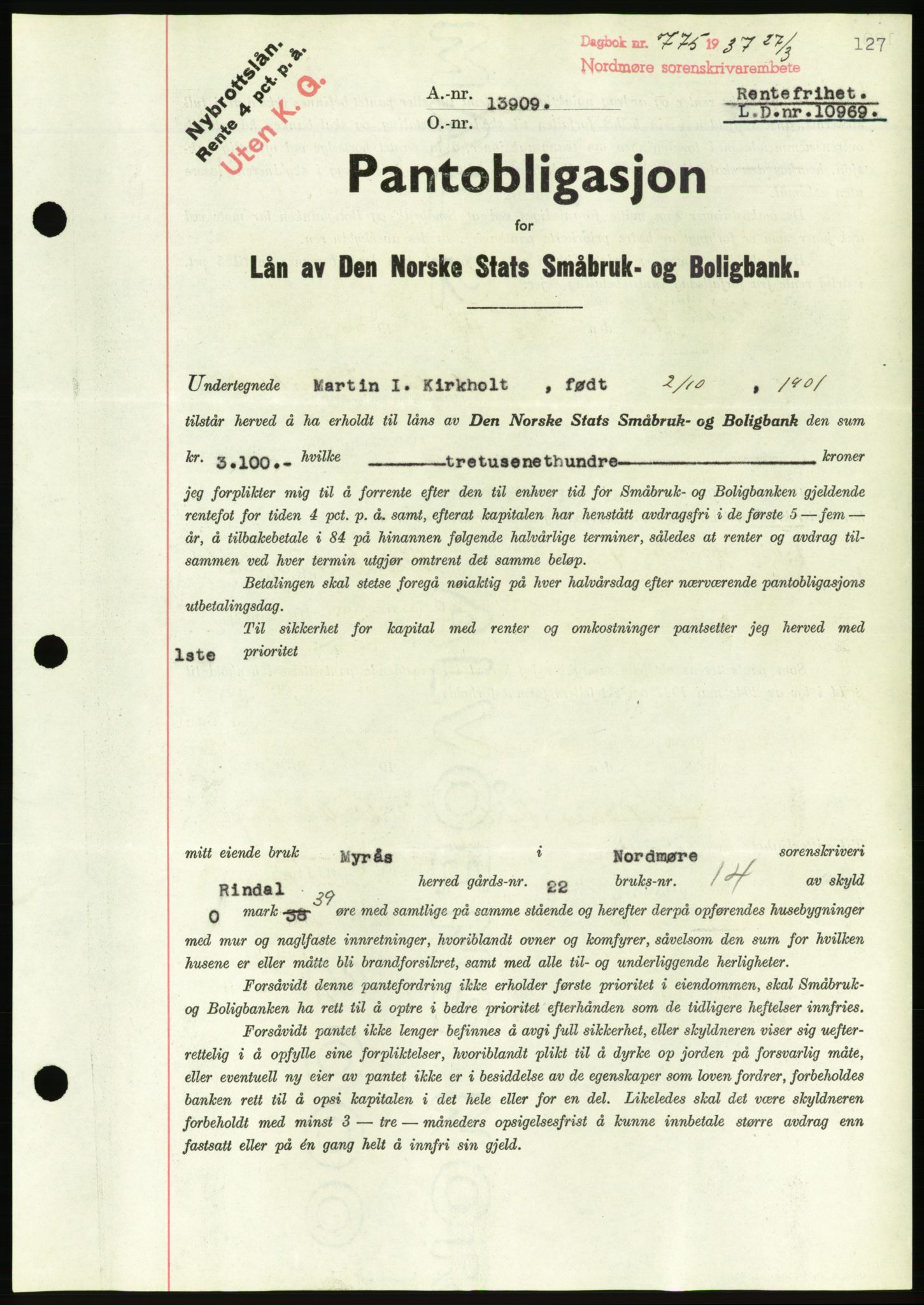 Nordmøre sorenskriveri, AV/SAT-A-4132/1/2/2Ca/L0091: Mortgage book no. B81, 1937-1937, Diary no: : 775/1937