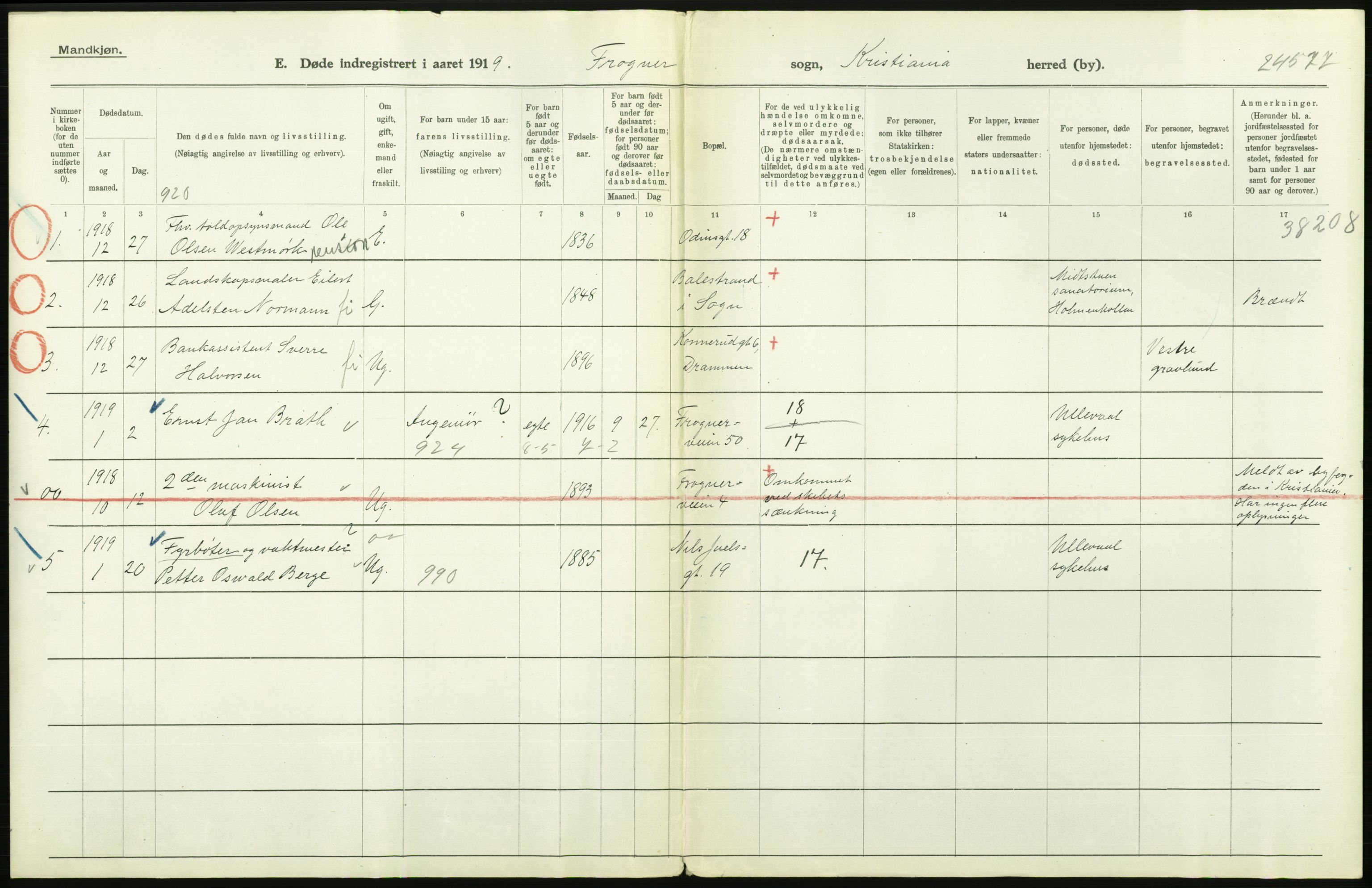 Statistisk sentralbyrå, Sosiodemografiske emner, Befolkning, AV/RA-S-2228/D/Df/Dfb/Dfbi/L0011: Kristiania: Døde, dødfødte, 1919