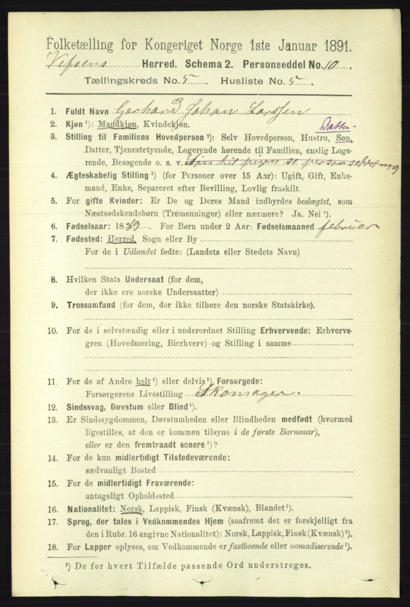 RA, 1891 census for 1824 Vefsn, 1891, p. 2129