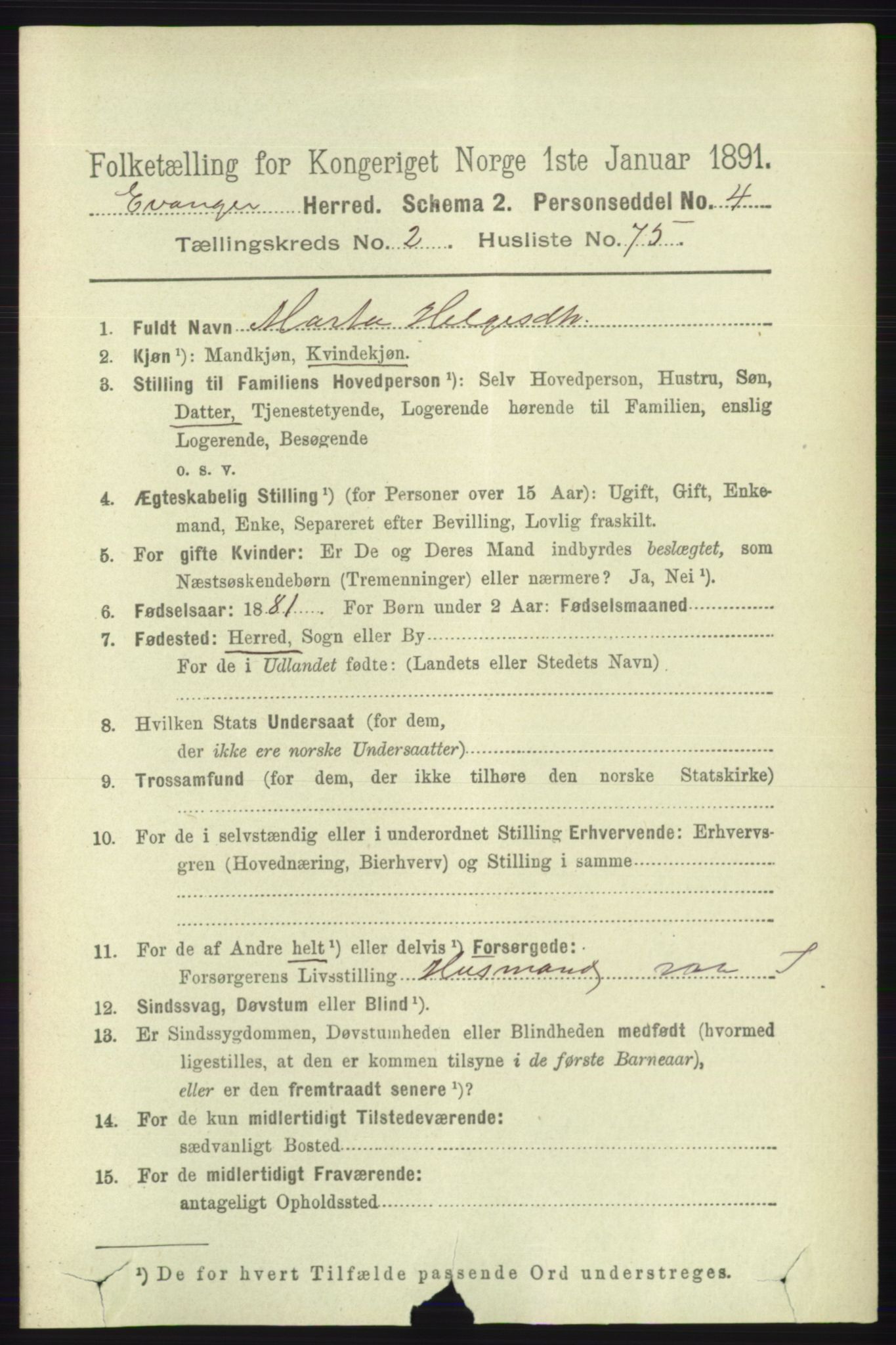 RA, 1891 census for 1237 Evanger, 1891, p. 801