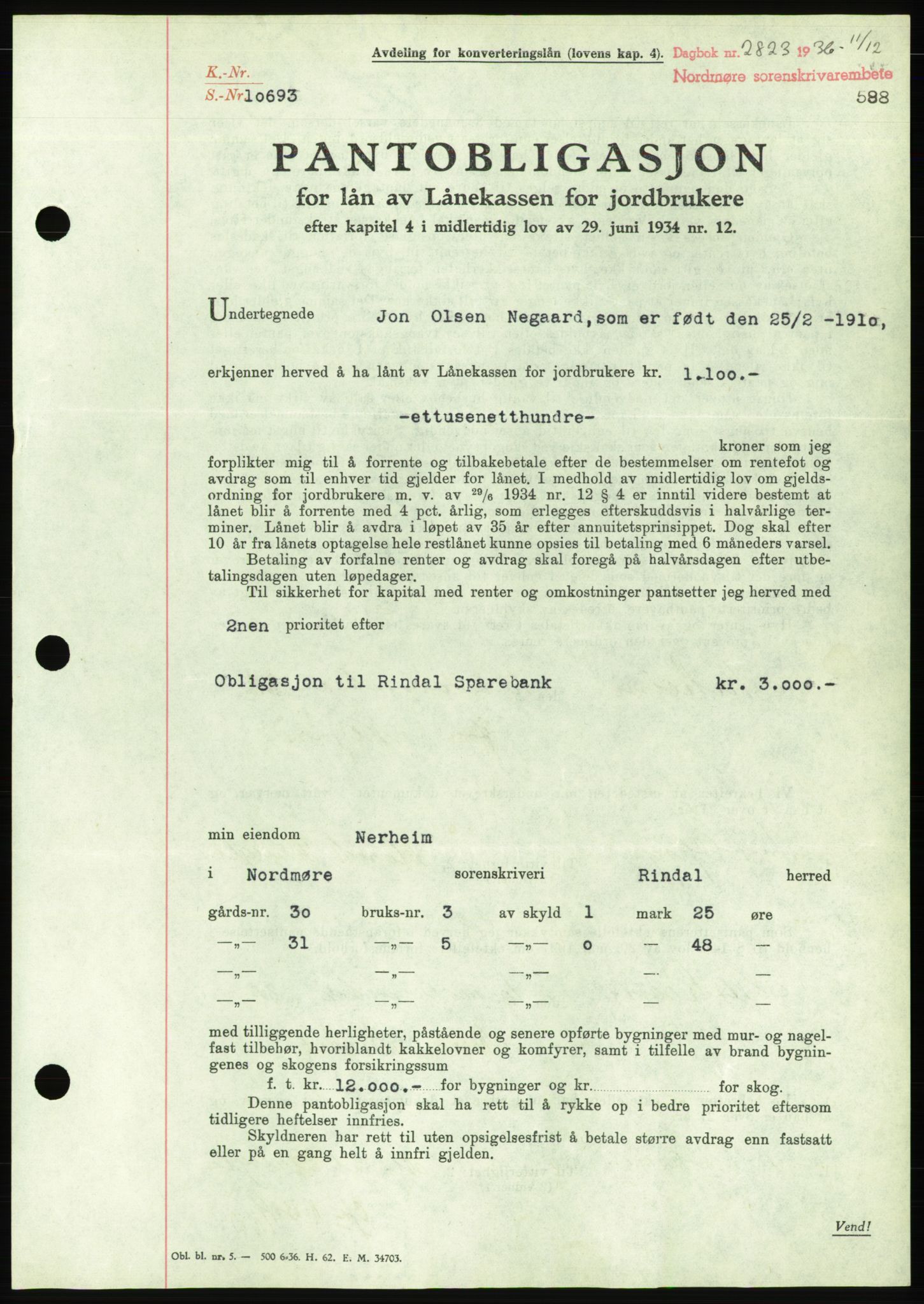 Nordmøre sorenskriveri, AV/SAT-A-4132/1/2/2Ca/L0090: Mortgage book no. B80, 1936-1937, Diary no: : 2823/1936