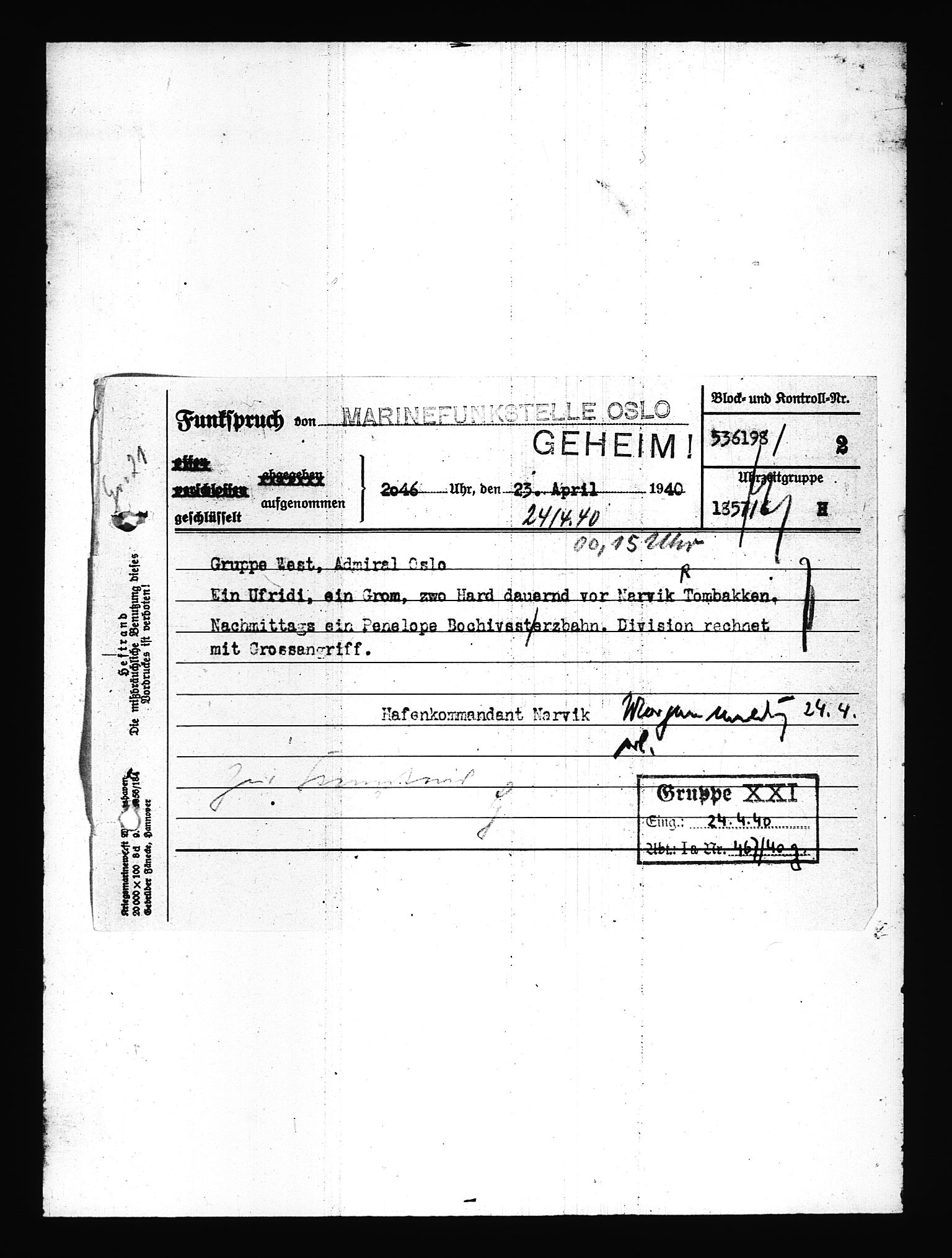 Documents Section, AV/RA-RAFA-2200/V/L0077: Amerikansk mikrofilm "Captured German Documents".
Box No. 716.  FKA jnr. 615/1954., 1940, p. 347