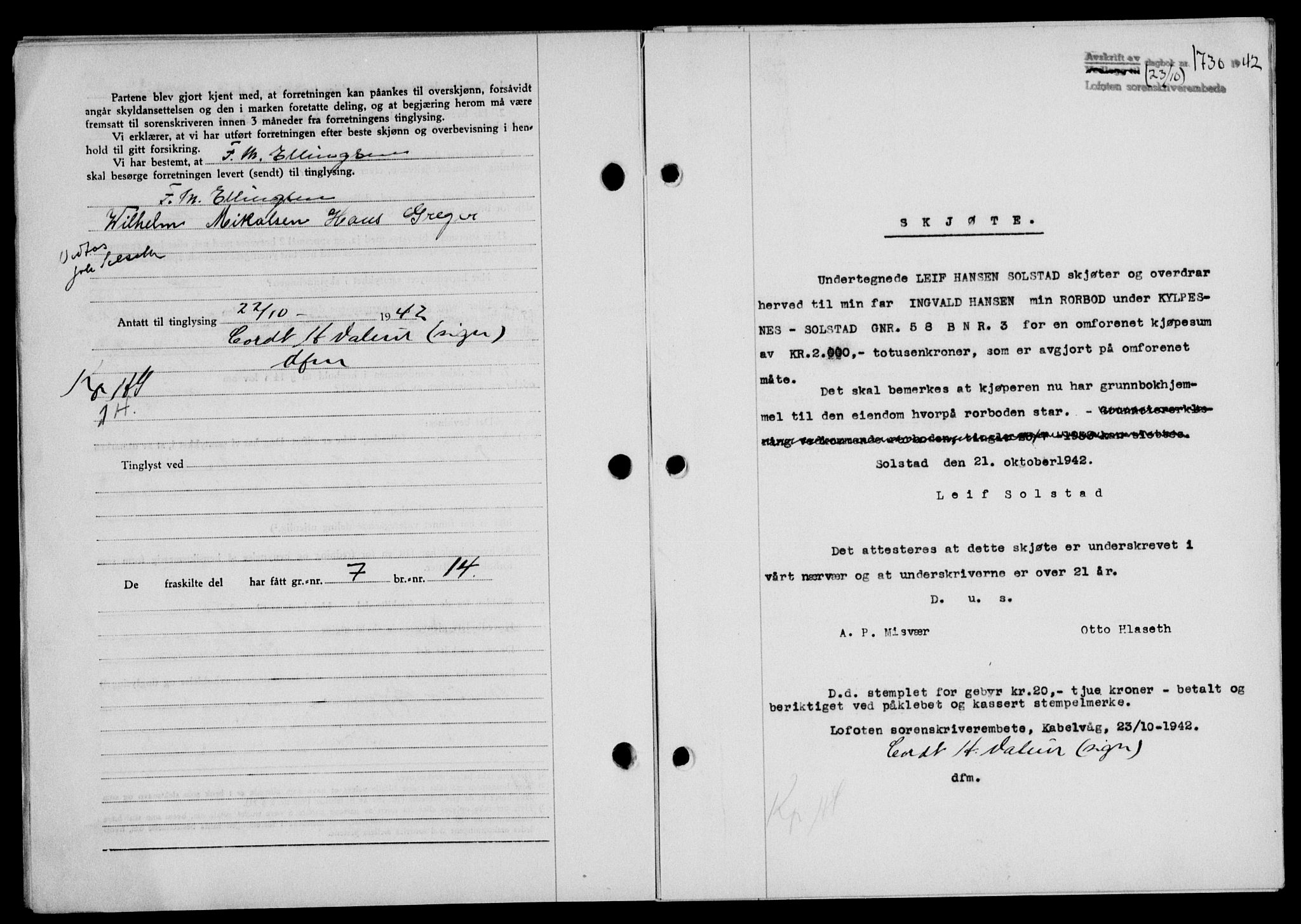 Lofoten sorenskriveri, SAT/A-0017/1/2/2C/L0010a: Mortgage book no. 10a, 1942-1943, Diary no: : 1730/1942