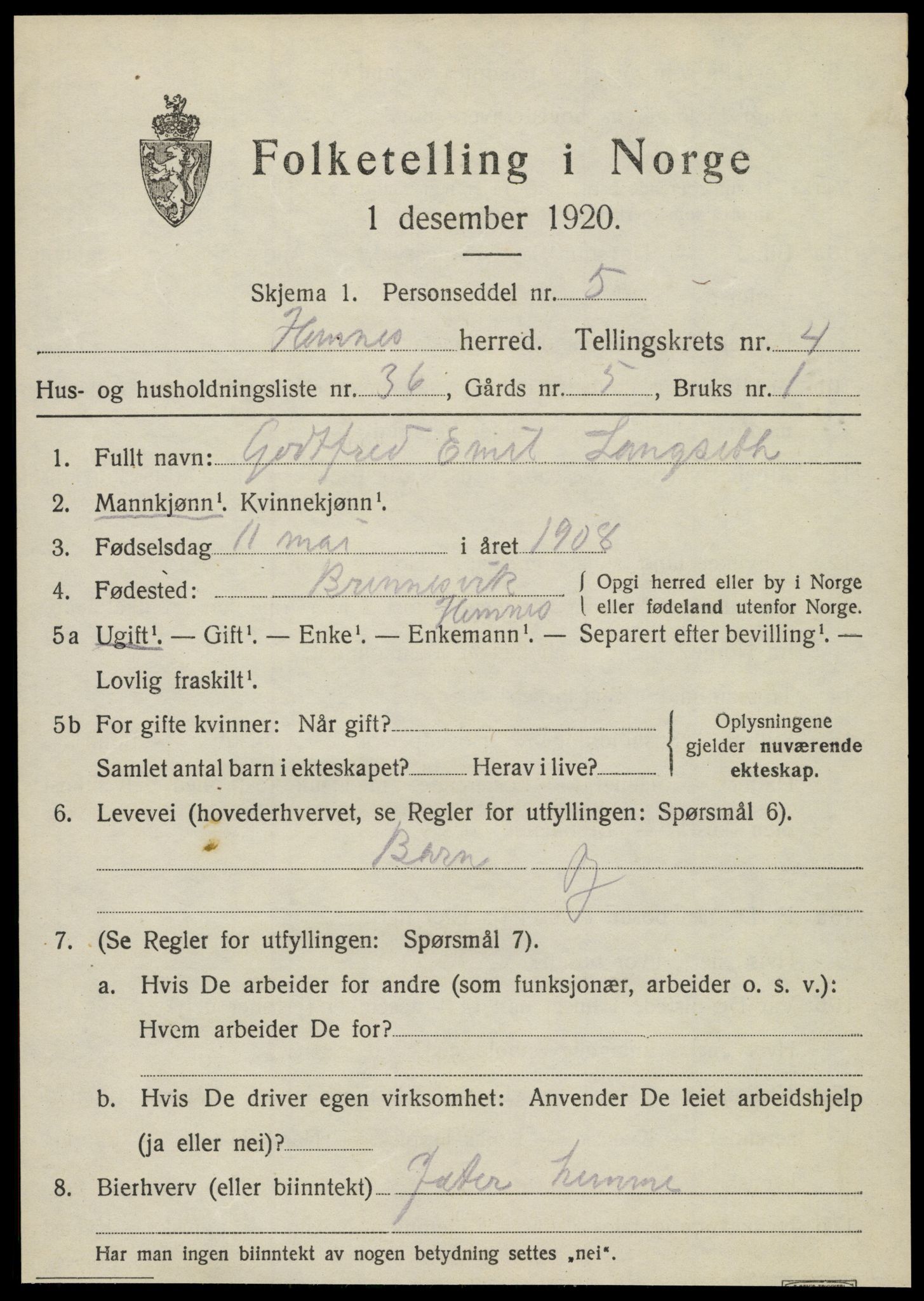 SAT, 1920 census for Hemnes, 1920, p. 5928