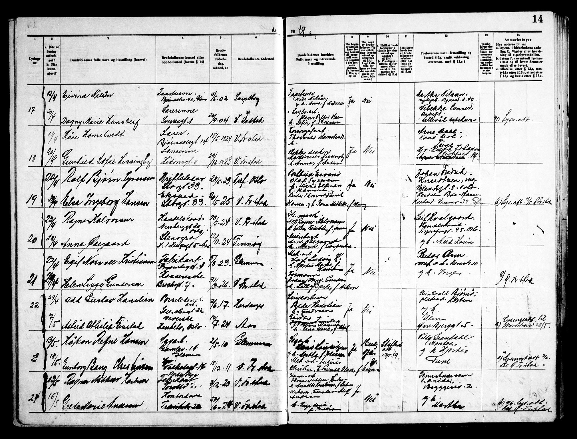 Fredrikstad domkirkes prestekontor Kirkebøker, SAO/A-10906/H/Ha/L0005: Banns register no. 5, 1948-1960, p. 14