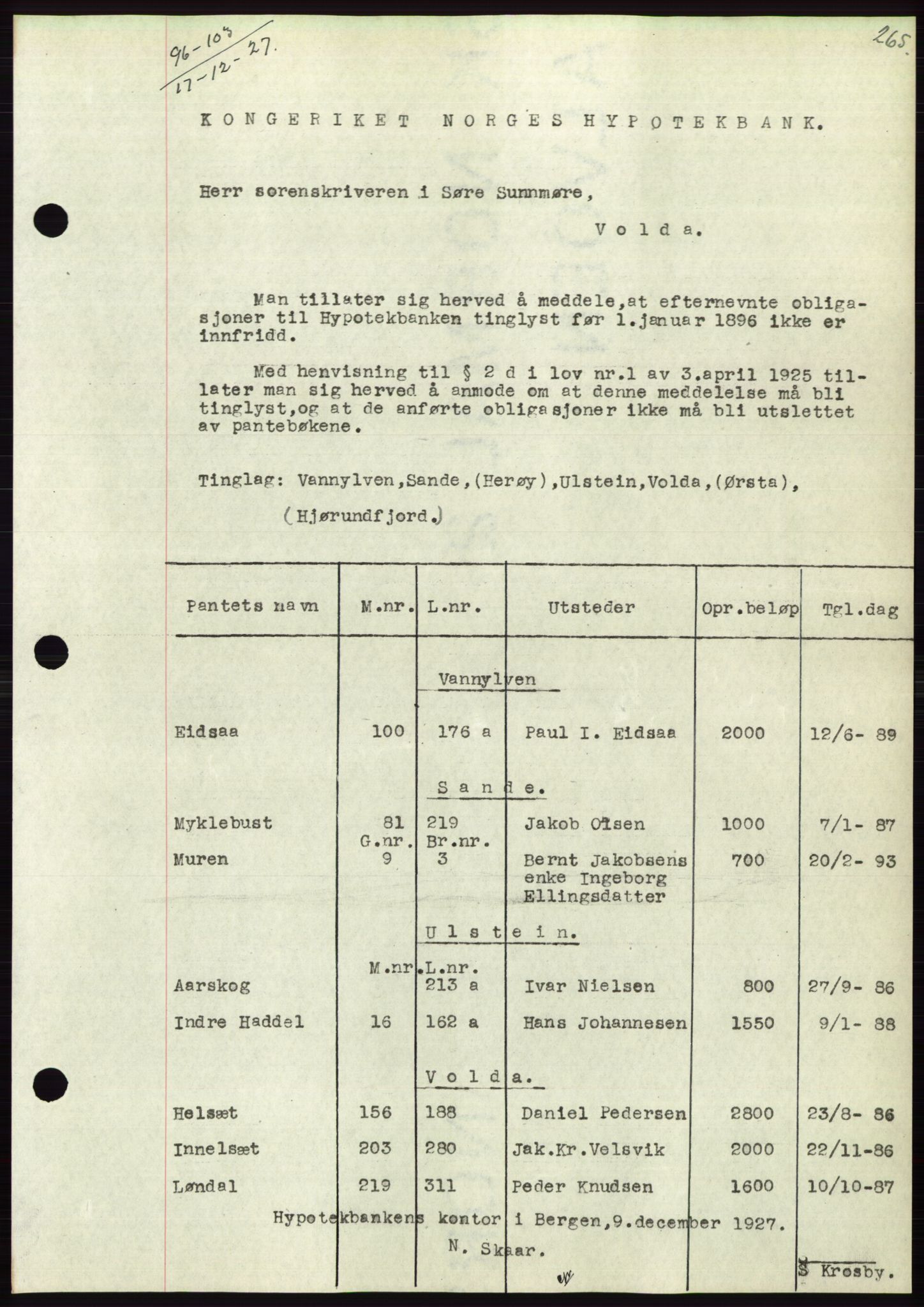 Søre Sunnmøre sorenskriveri, AV/SAT-A-4122/1/2/2C/L0047: Mortgage book no. 41, 1927-1928, Deed date: 17.12.1927