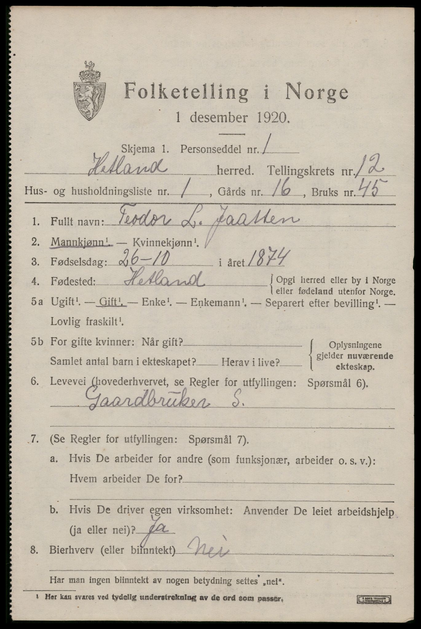 SAST, 1920 census for Hetland, 1920, p. 20885