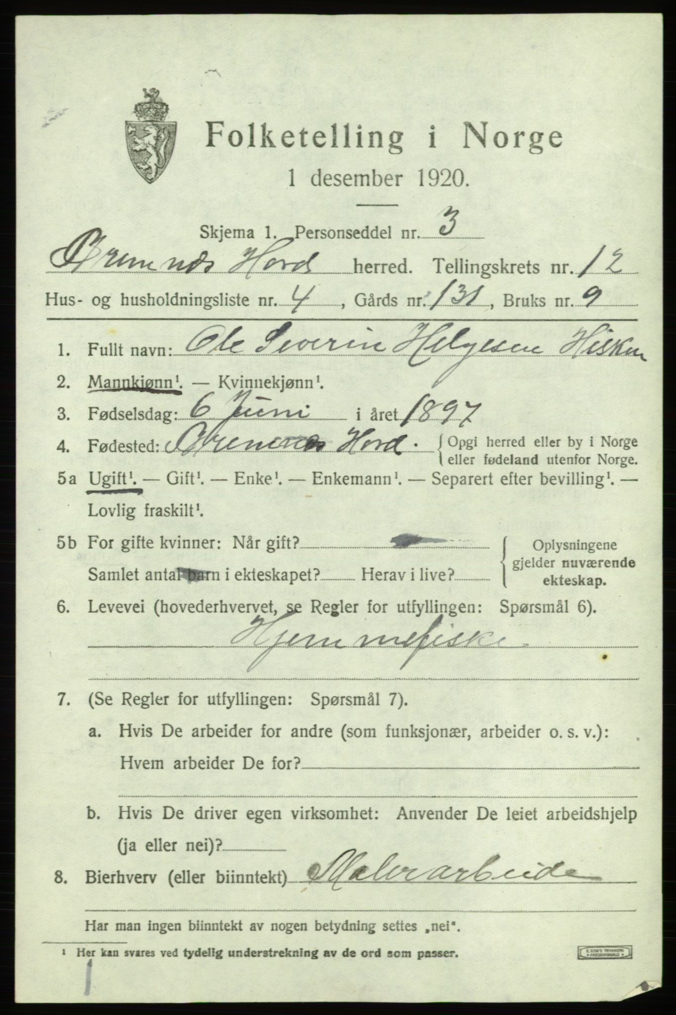 SAB, 1920 census for Bremnes, 1920, p. 7604