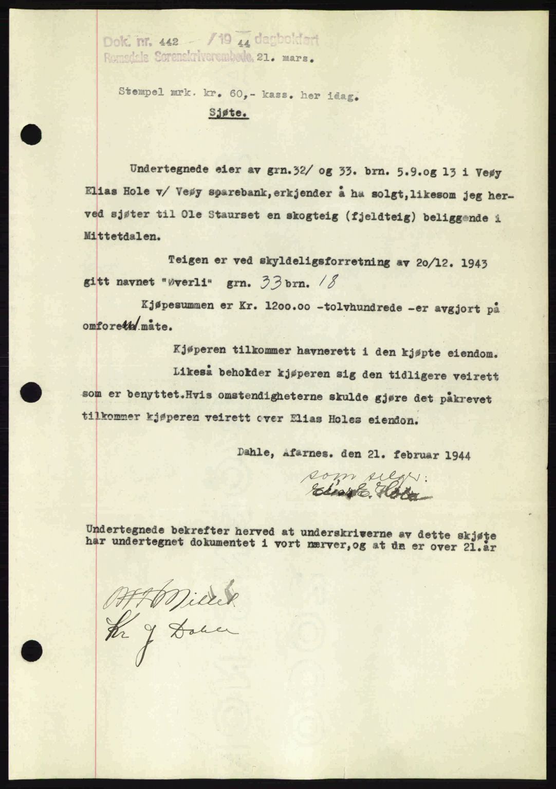 Romsdal sorenskriveri, SAT/A-4149/1/2/2C: Mortgage book no. A16, 1944-1944, Diary no: : 442/1944