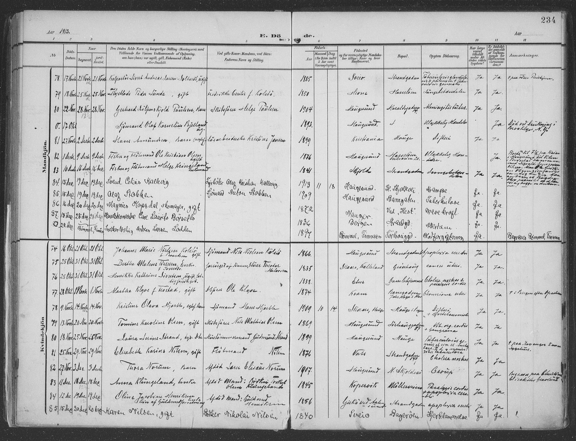 Haugesund sokneprestkontor, AV/SAST-A -101863/H/Ha/Haa/L0007: Parish register (official) no. A 7, 1904-1916, p. 234