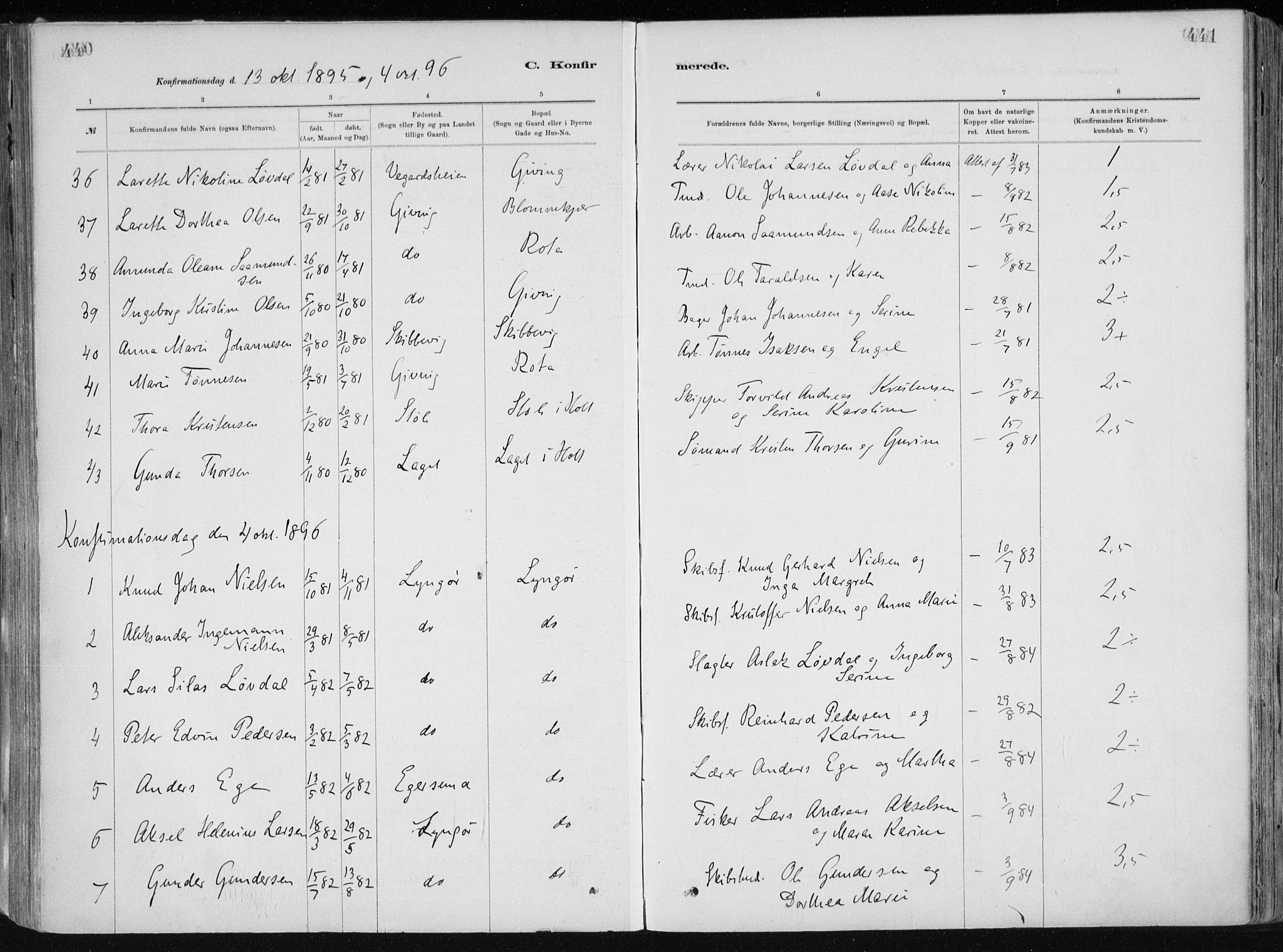 Dypvåg sokneprestkontor, SAK/1111-0007/F/Fa/Faa/L0008: Parish register (official) no. A 8, 1885-1906, p. 440-441
